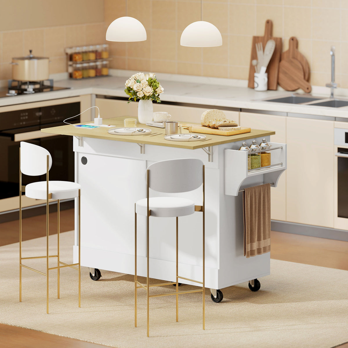Kitchen Island Cart with Charging Station and Drop Leaf – 51"W x 35"H