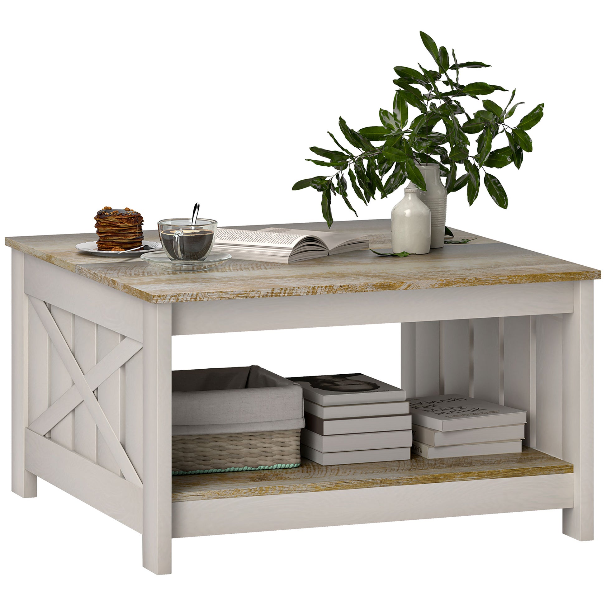 HOMCOM Farmhouse Square Coffee Table, 2-Tier Storage, Distressed Oak Brown Finish