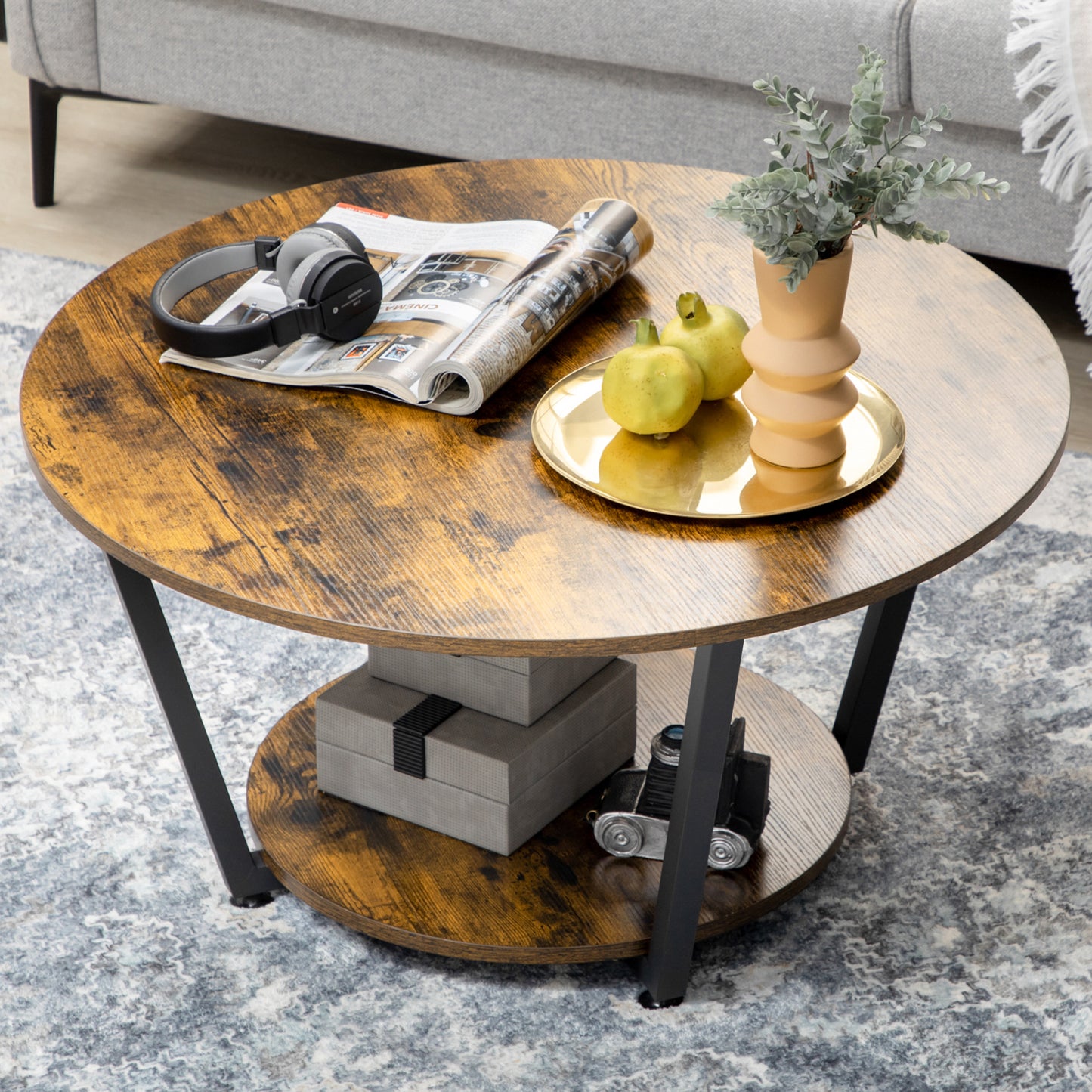 HOMCOM Round Industrial Coffee Table with Storage Shelf, Steel Frame, Rustic Brown