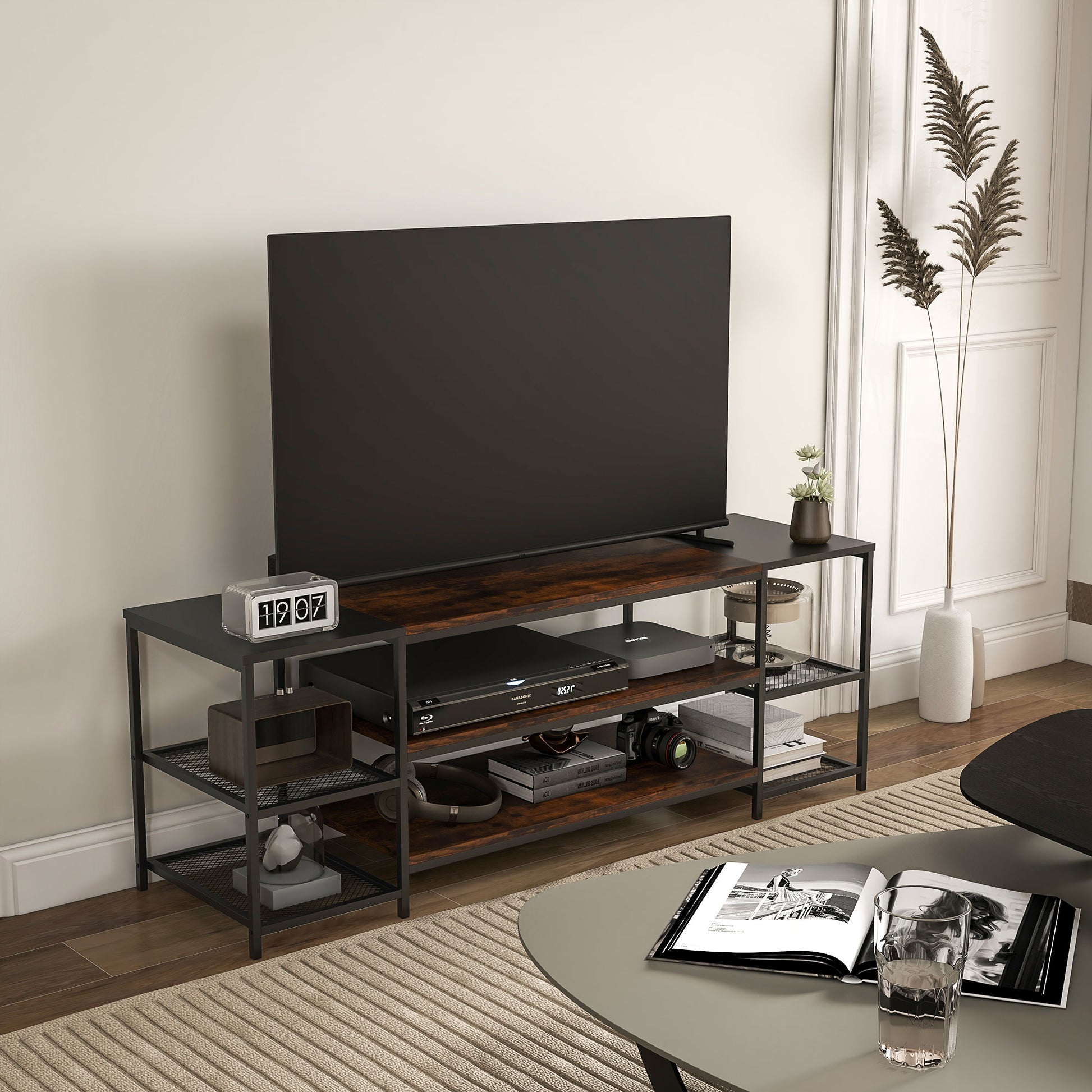 HOMCOM Rustic Industrial TV Stand for 65-inch TVs, Open Storage Console