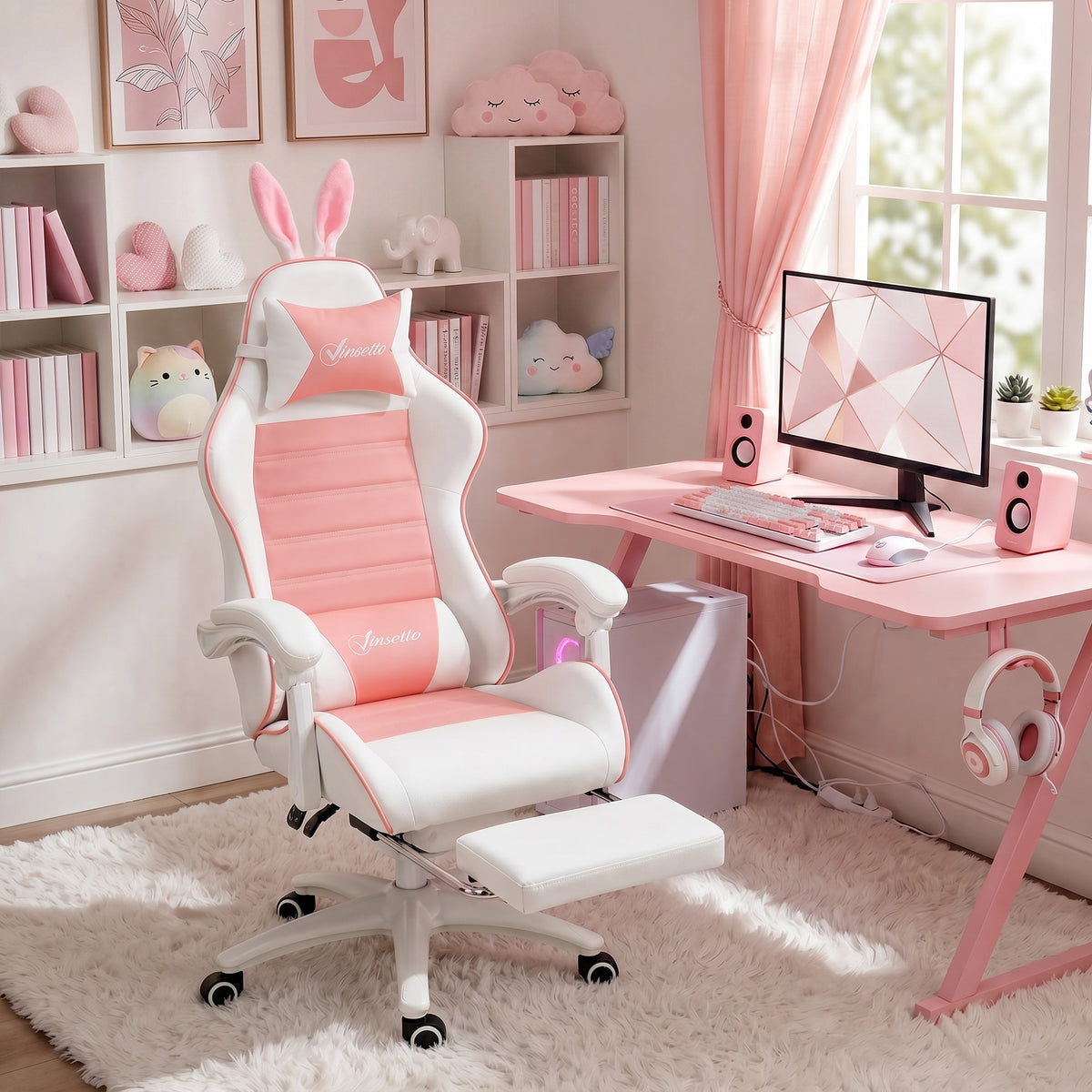 Cute Racing Gamer Chair, PU Leather Gaming Chair with Footrest, Pink