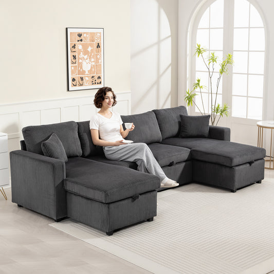 Corduroy U-Shaped Pull-Out Sleeper Sectional with Storage Chaise
