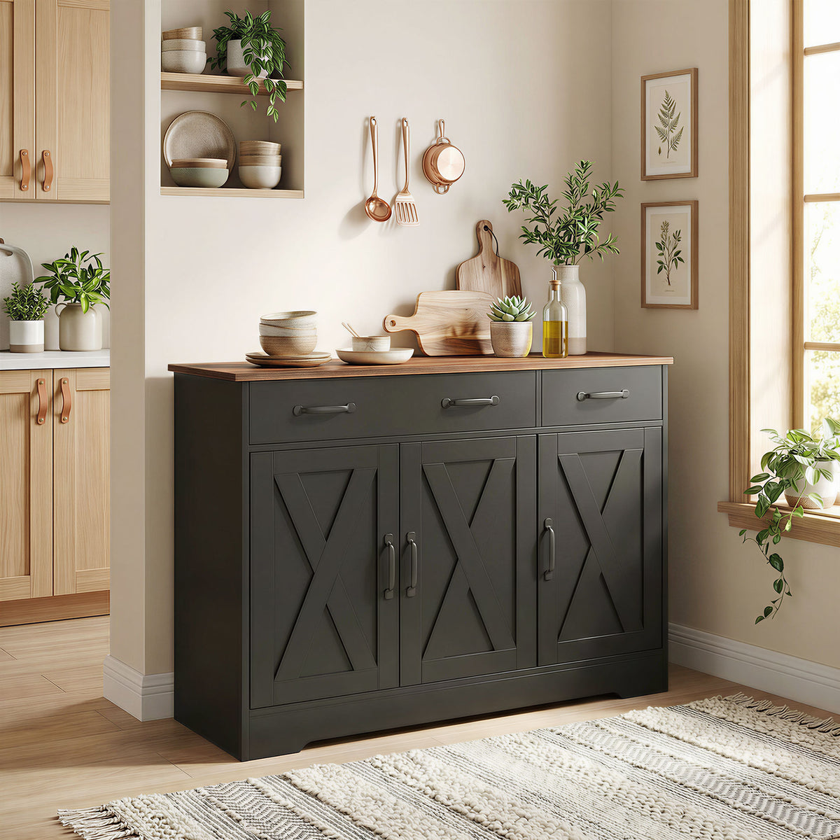 Farmhouse Kitchen Cabinet with 3 Barn Doors – 43"W x 32"H