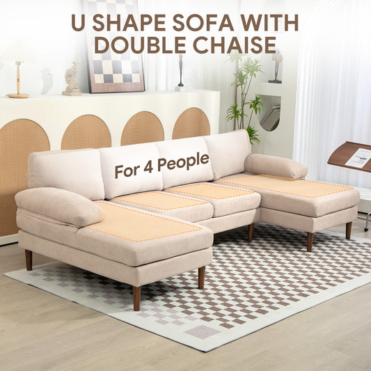 U-Shaped 4-Seater Sofa with Double Chaise & Wooden Legs