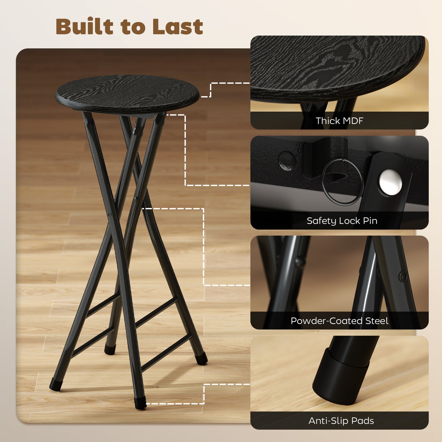 HOMCOM Set of 2 Foldable Barstools, Counter Height with Footrest, Steel Legs