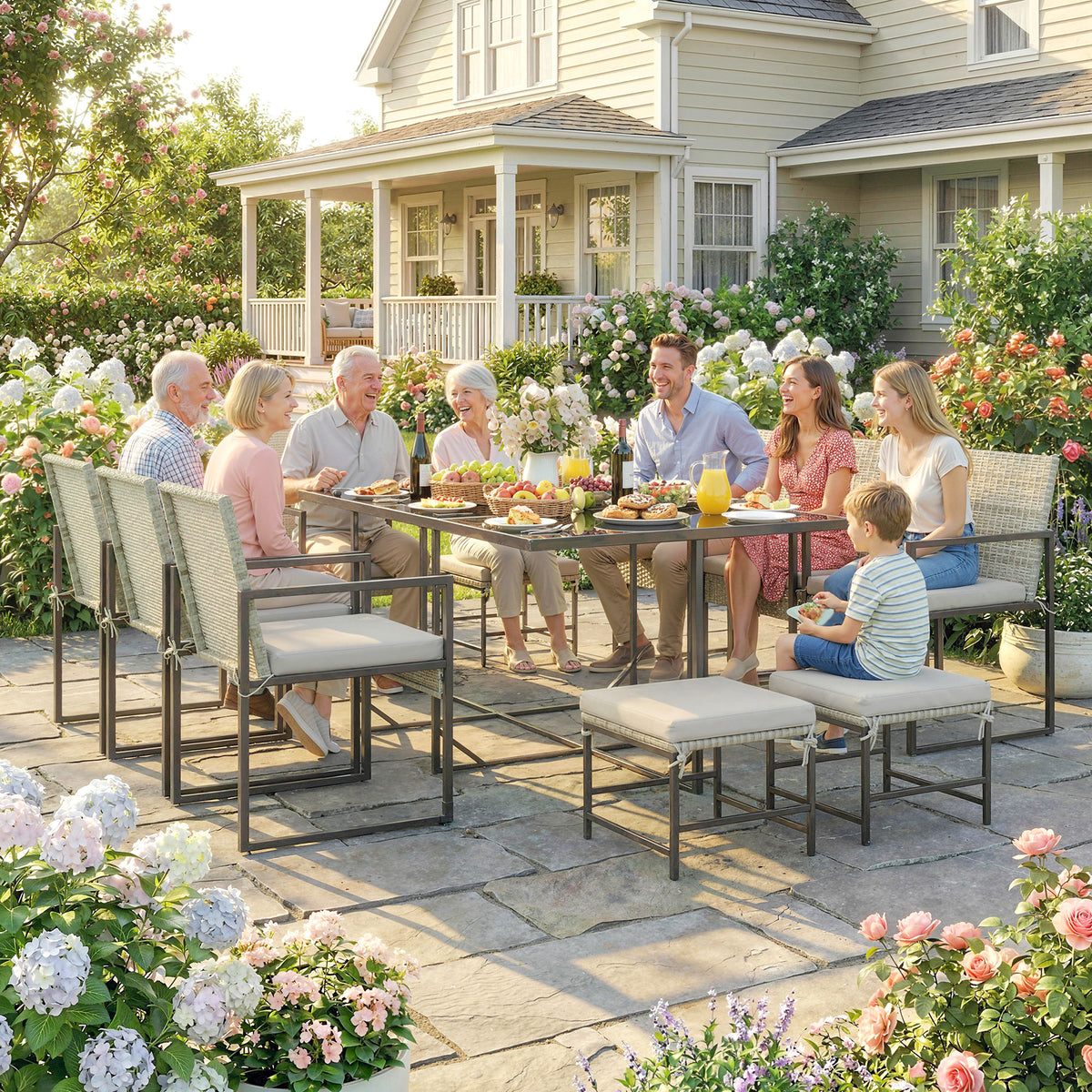 11 Pieces Wicker Patio Dining Set, Rattan Outdoor Furniture Set with 6 Armchairs, 4 Stools