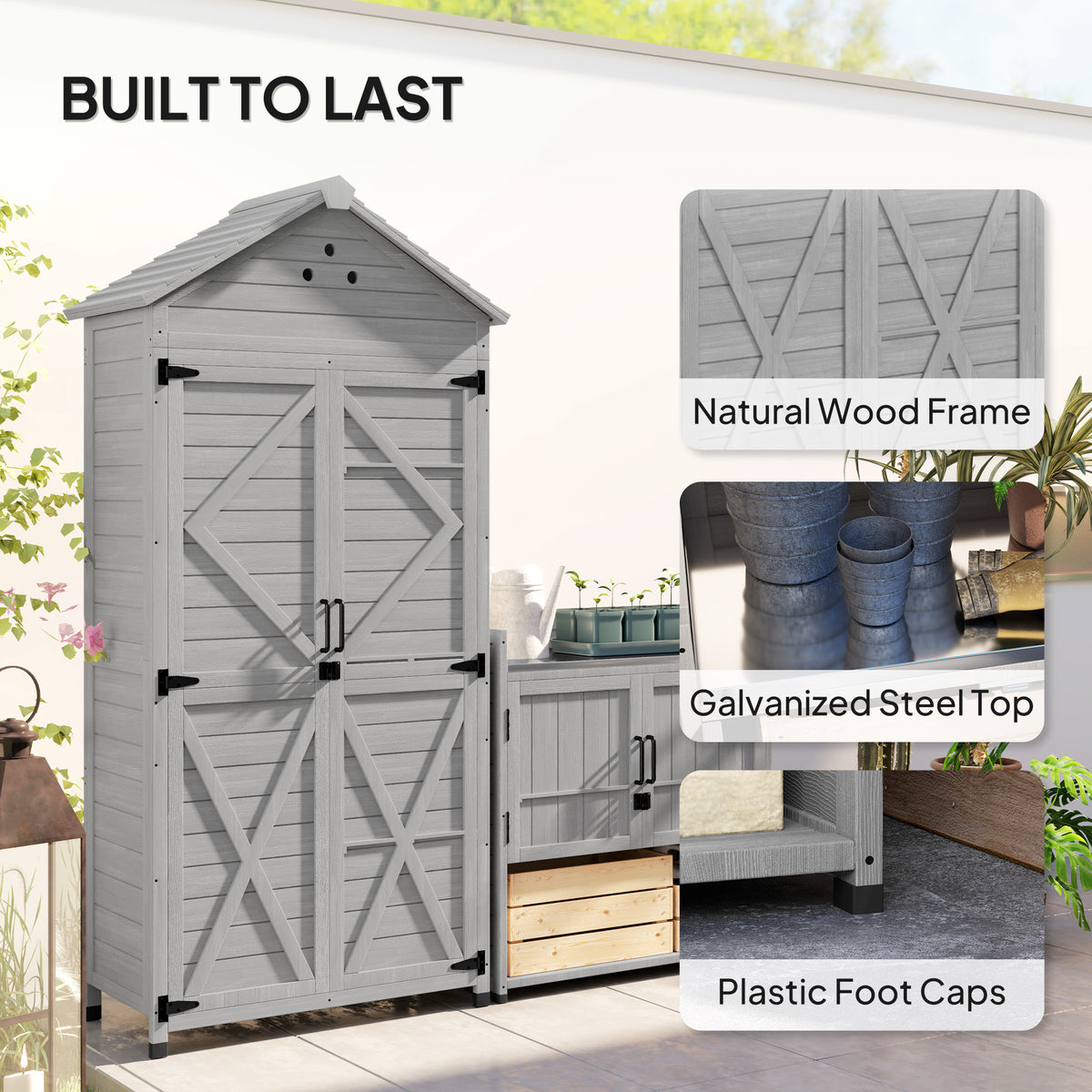 2-in-1 Outdoor Storage Cabinet, Wood Garden Shed with Shelves, Vent Holes, Foot Caps for Backyard, Patio, Lawn