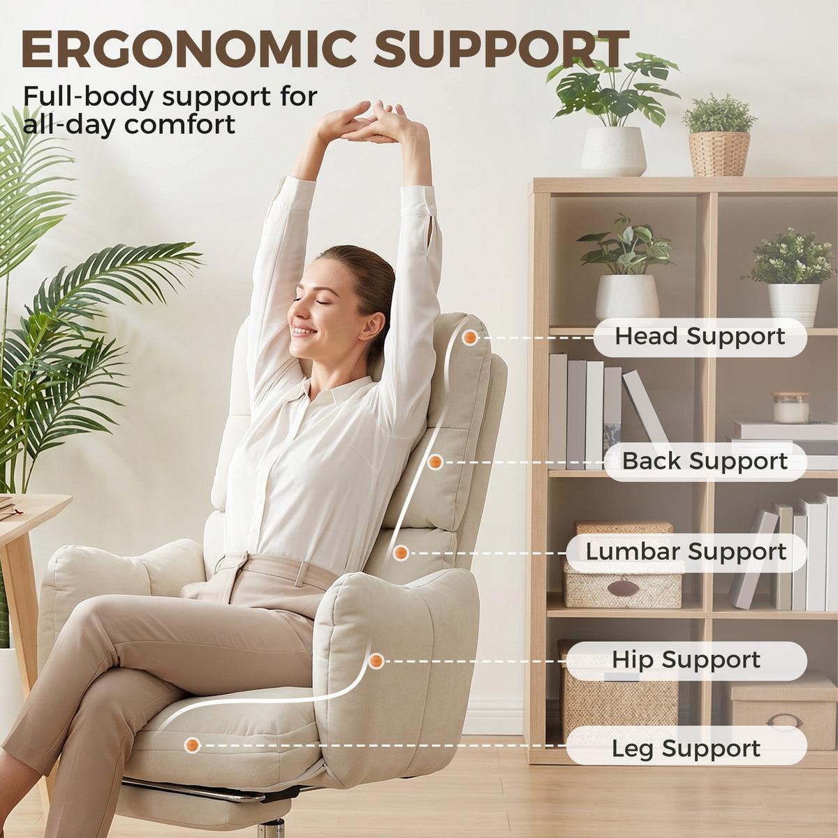 Office Chair with Footrest, Ergonomic Reclining Computer Gaming Chair with Snow Flannel Fabric, Cream