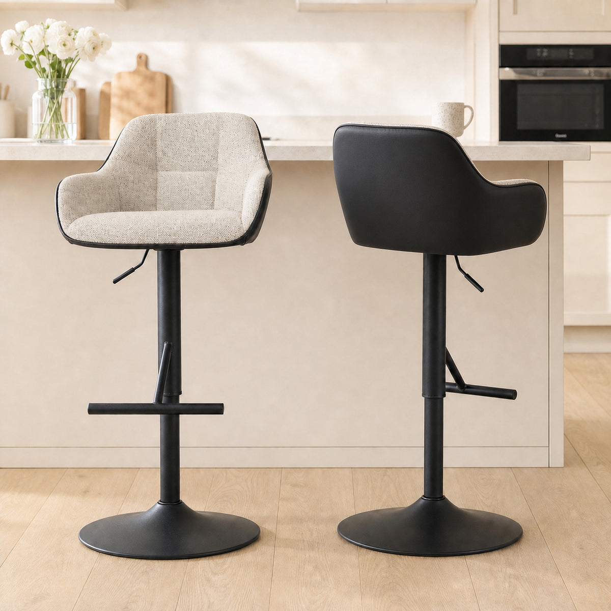 Linen-Look Swivel Bar Stools with Back, Armrests and Footrest, Set of 2