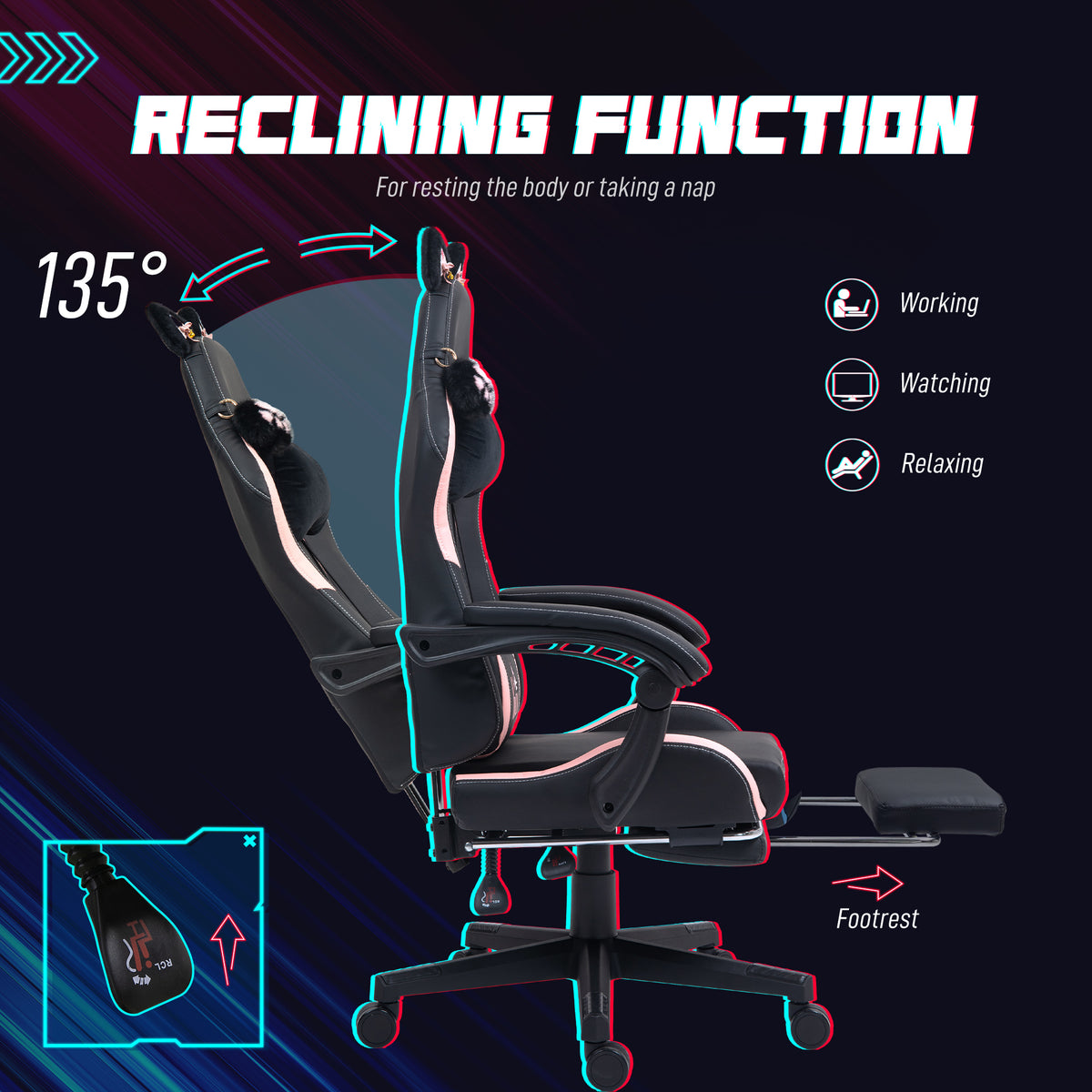 Cute Racing Gamer Chair, Faux Leather Gaming Chair with Footrest, Black