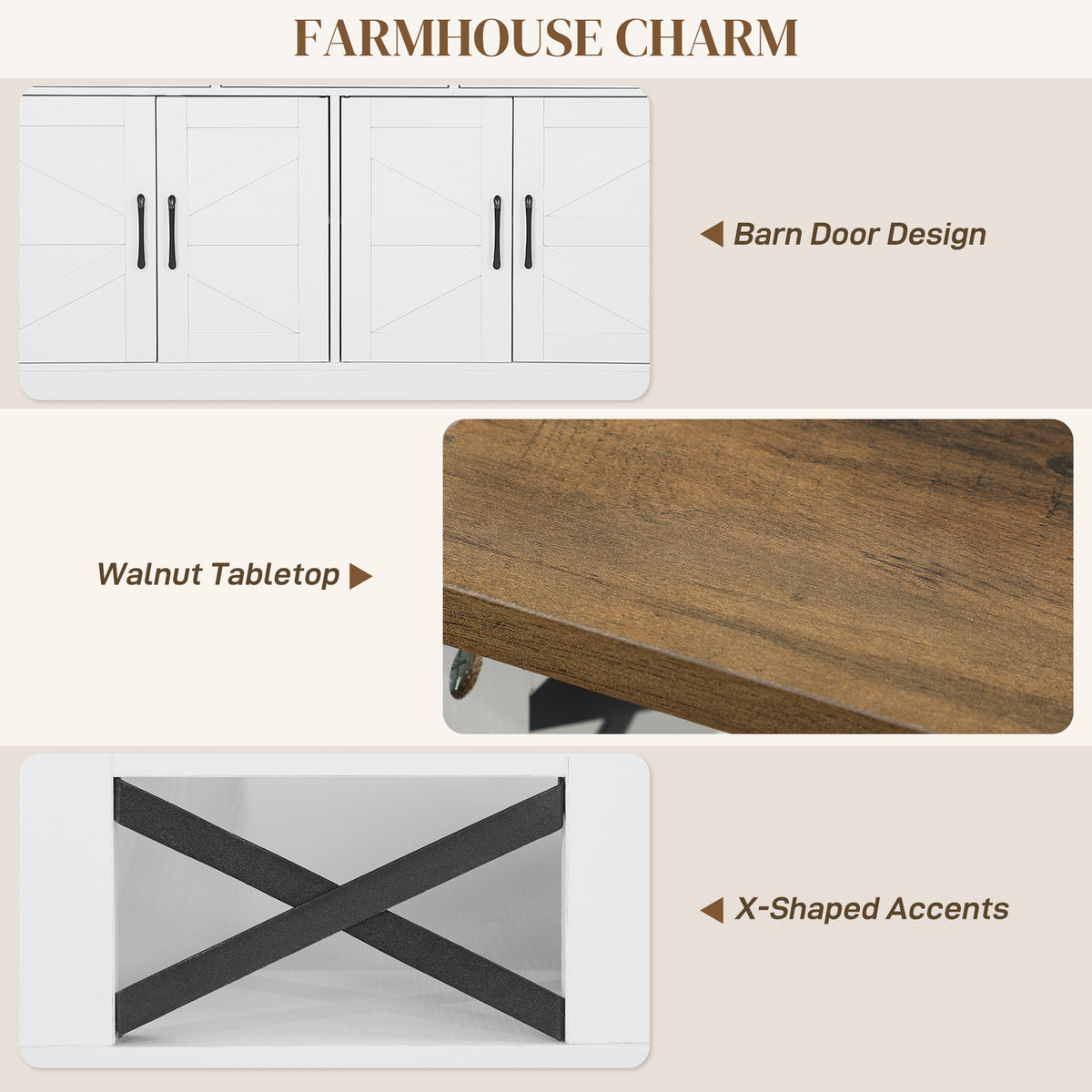 Buffet Cabinet with 4 Barn Doors and 3 Drawers – 47"W x 35"H