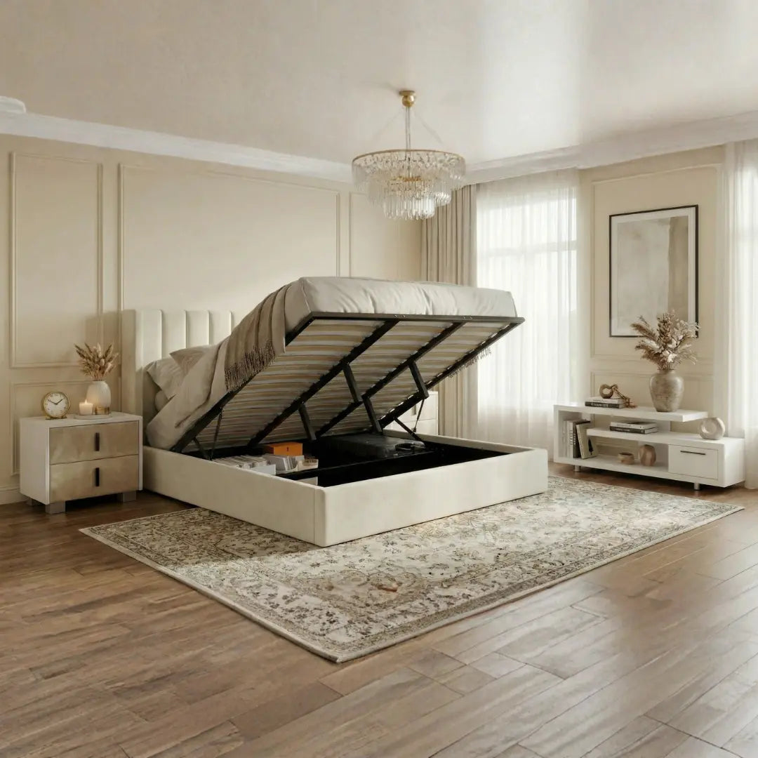 Oliver Hydraulic Lift-Up Storage Bed – Ivory