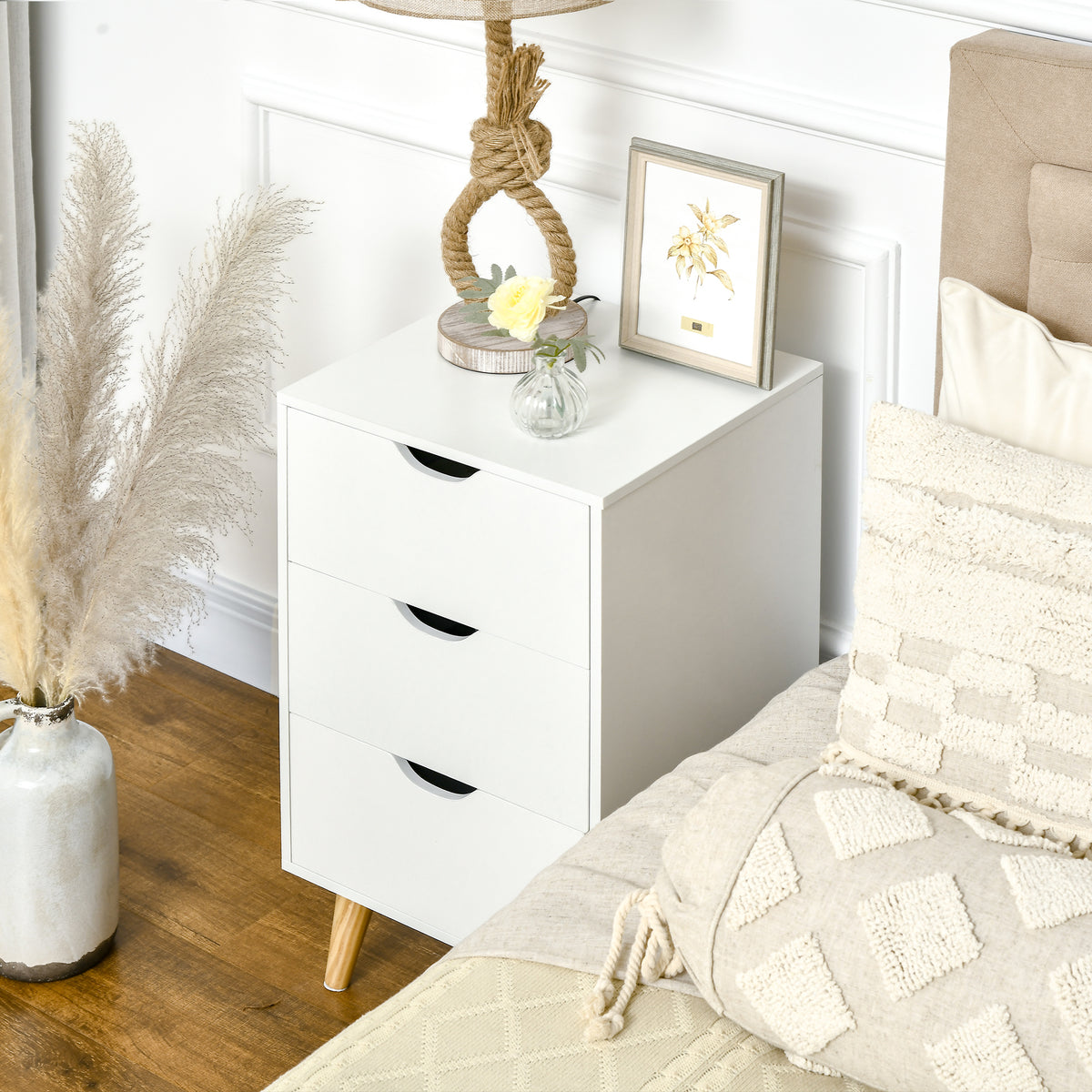 3-Drawer Nightstand with Wood Legs – 16"W x 27"H
