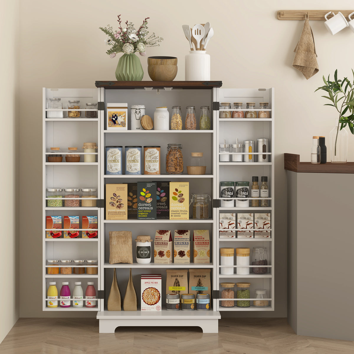 Farmhouse Kitchen Pantry Cabinet with Adjustable Shelves and Door Shelves – 24"W x 47"H