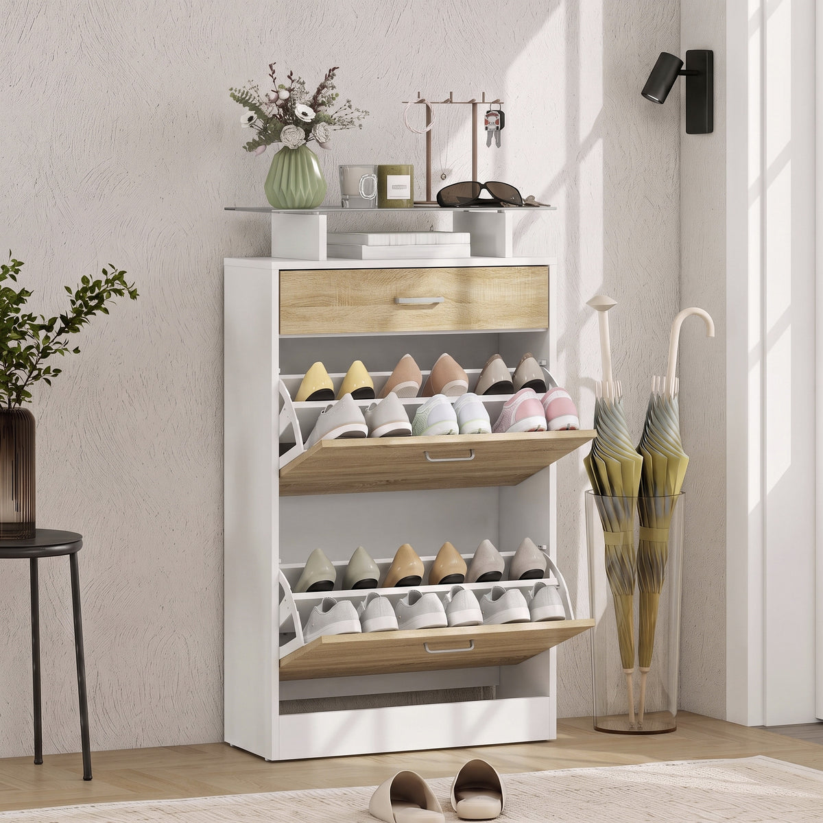 Slim Shoe Organizer Cabinet with 2 Flip Drawers – 24"W x 42"H