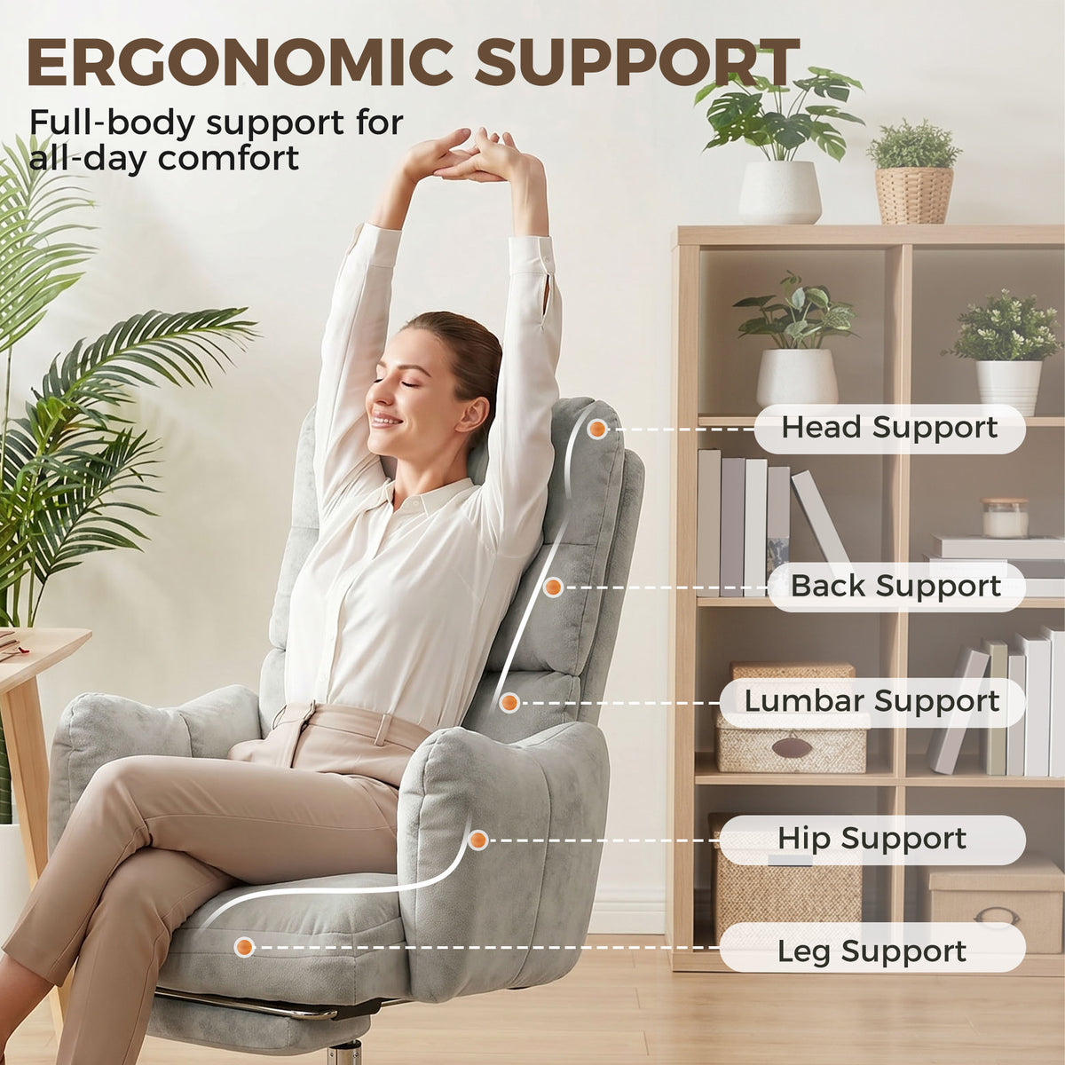 Office Chair with Footrest, Ergonomic Reclining Computer Gaming Chair with Snow Flannel Fabric, Light Grey