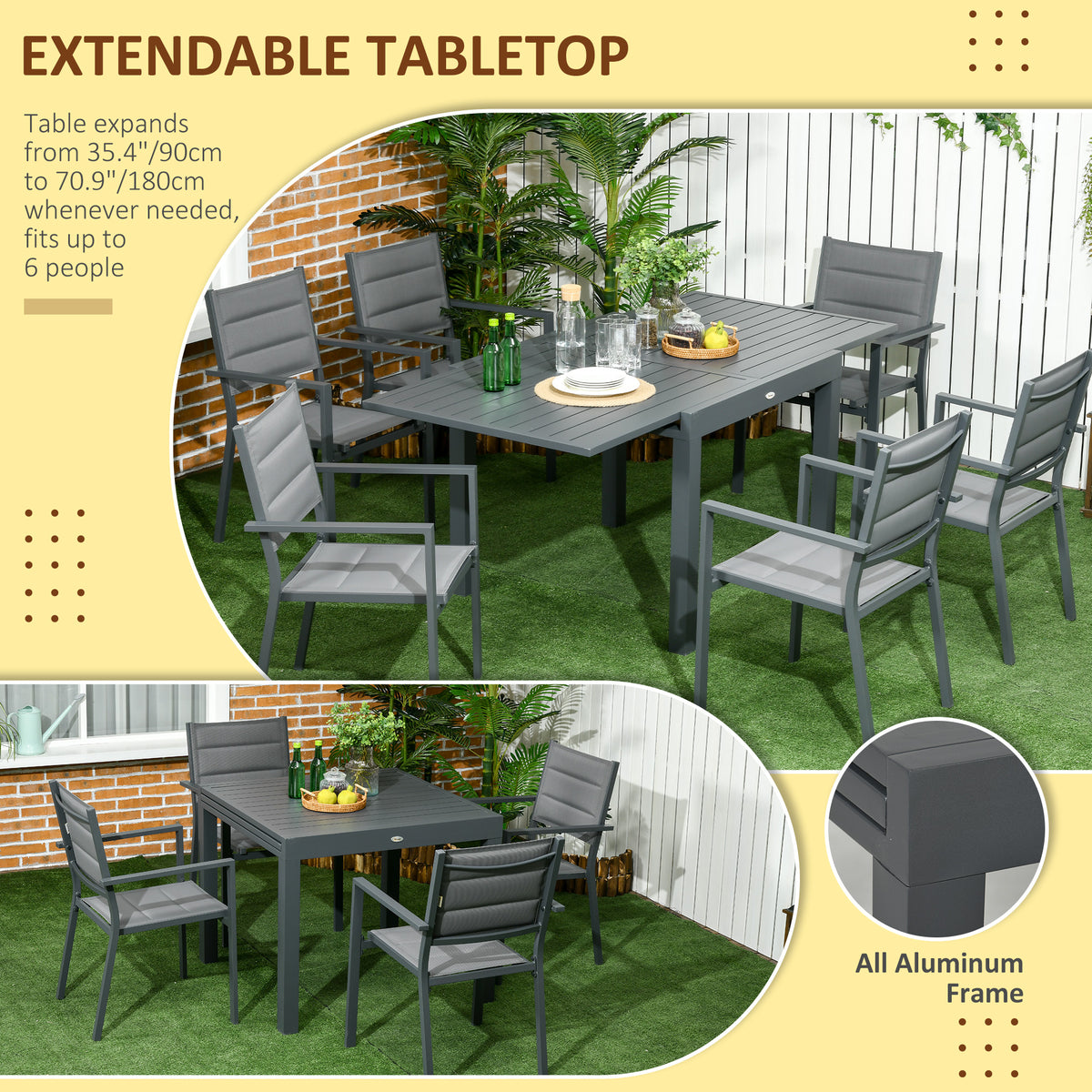Patio Dining Set for 6, Aluminum Expandable Outdoor Table and 6 Stackable Chairs with Padded Back, Mesh Seat – Dark Grey