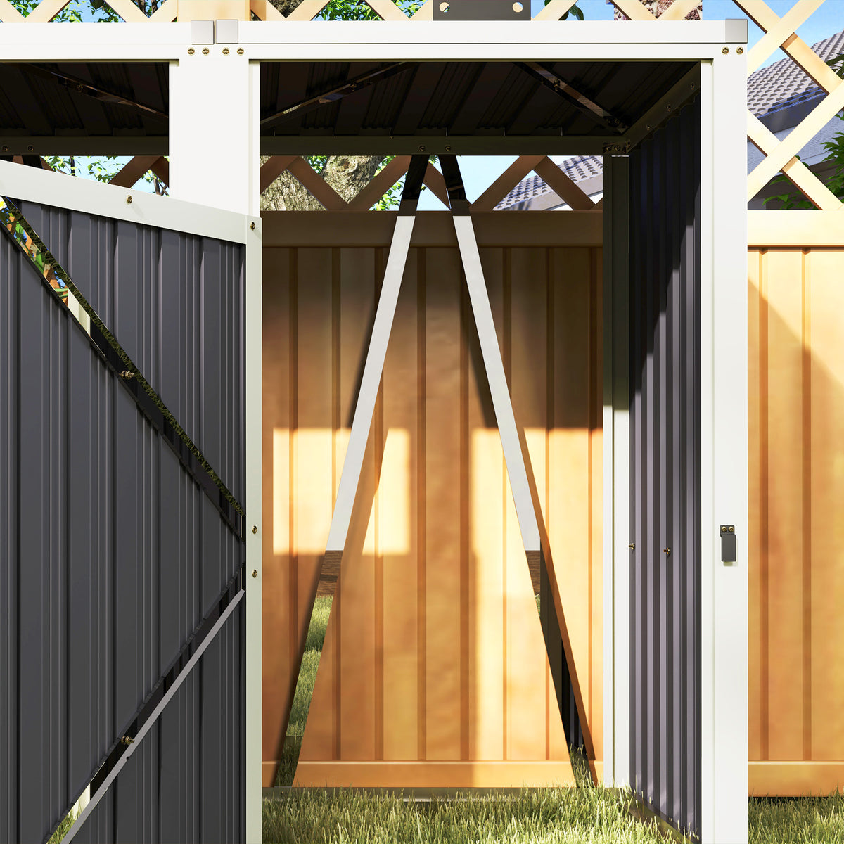 Double Garbage Bin Shed, Lockable Outdoor Storage Shed with Openable Lid, Galvanized Frame for Garden Patio