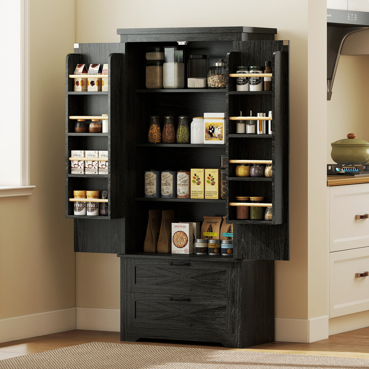 Freestanding Kitchen Pantry Cabinet with Drawers – 29"W x 64"H