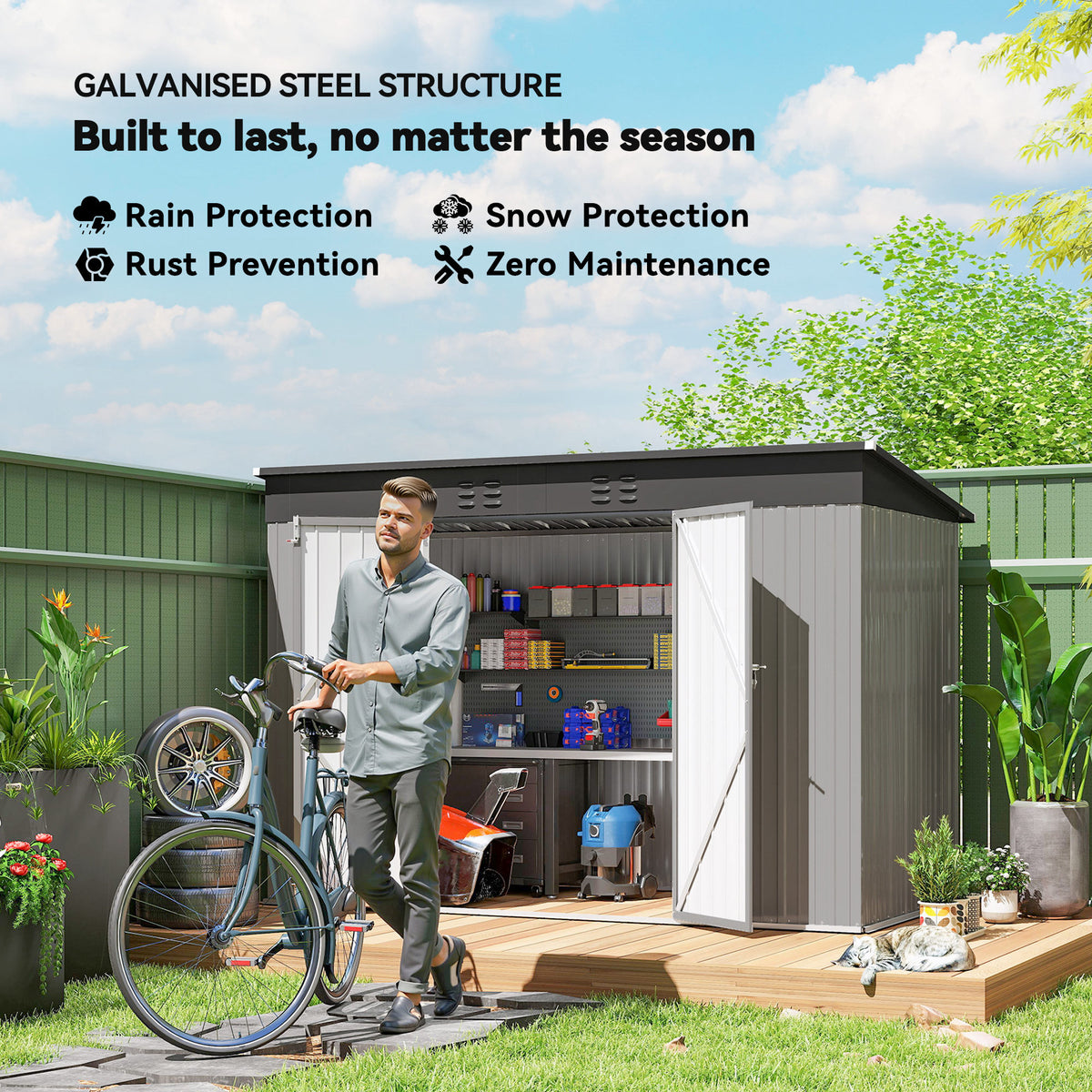 9' x 4' Galvanized Steel Garden Storage Shed with Lockable Doors, Gloves and 2 Air Vents for Backyard, Patio, Lawn – Grey