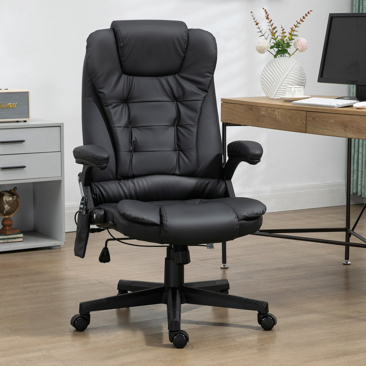 Executive Heated Massage Office Chair, High Back Reclining Faux Leather Vibrating Swivel Chair, Black