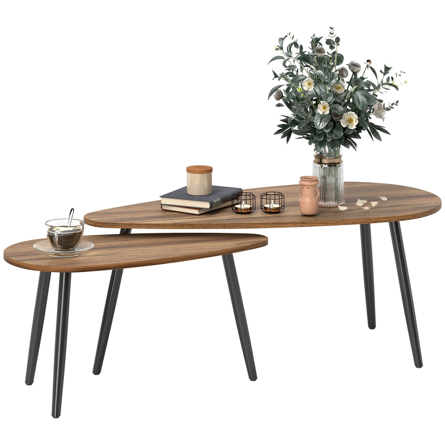 HOMCOM Industrial 2-Piece Nesting Coffee Table Set, Brown Wood-Effect Steel Legs
