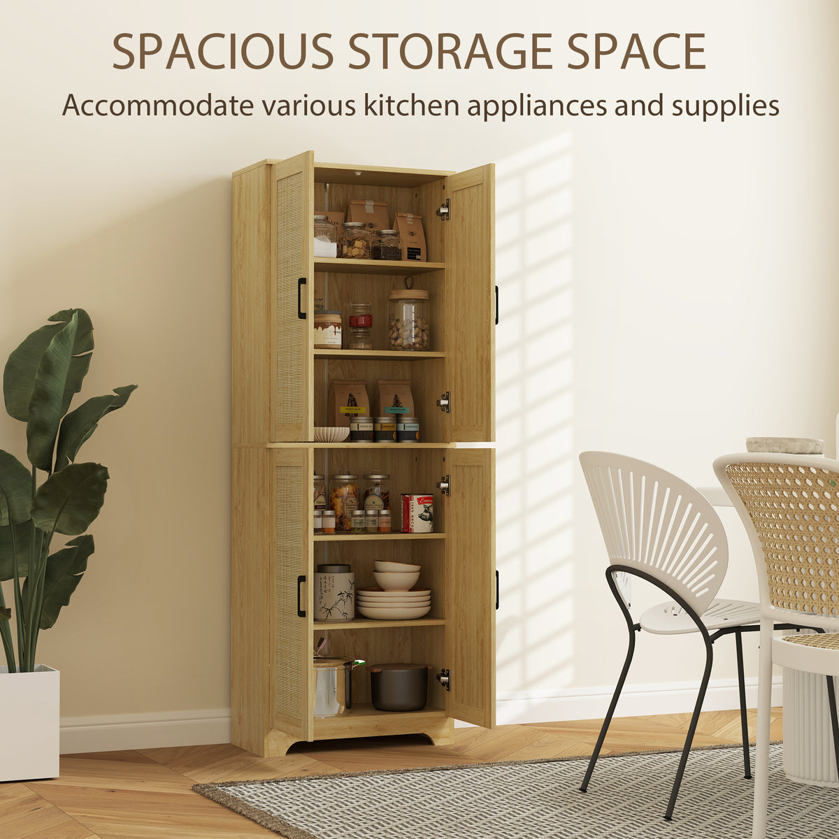 Tall Kitchen Pantry with 4 Rattan Doors and Adjustable Shelves – 24"W x 67"H