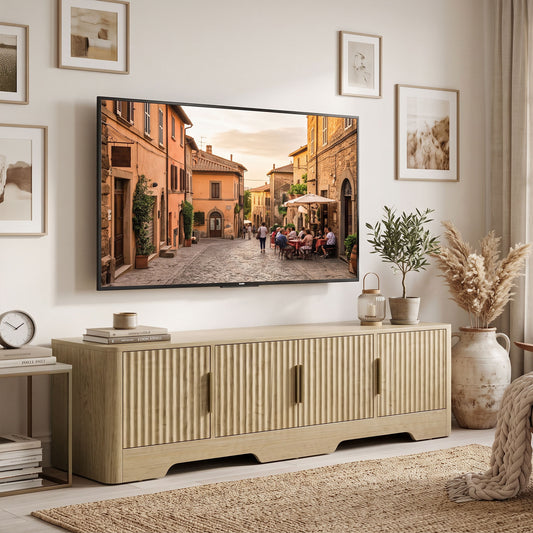 TV Stand for TVs up to 60" – Modern Entertainment Center with Fluted Doors for Living Room – 55" Wide