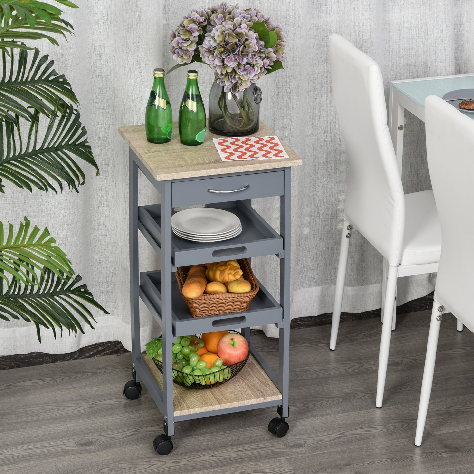 HOMCOM Kitchen Island Rolling Trolley Grey Utility Cart
