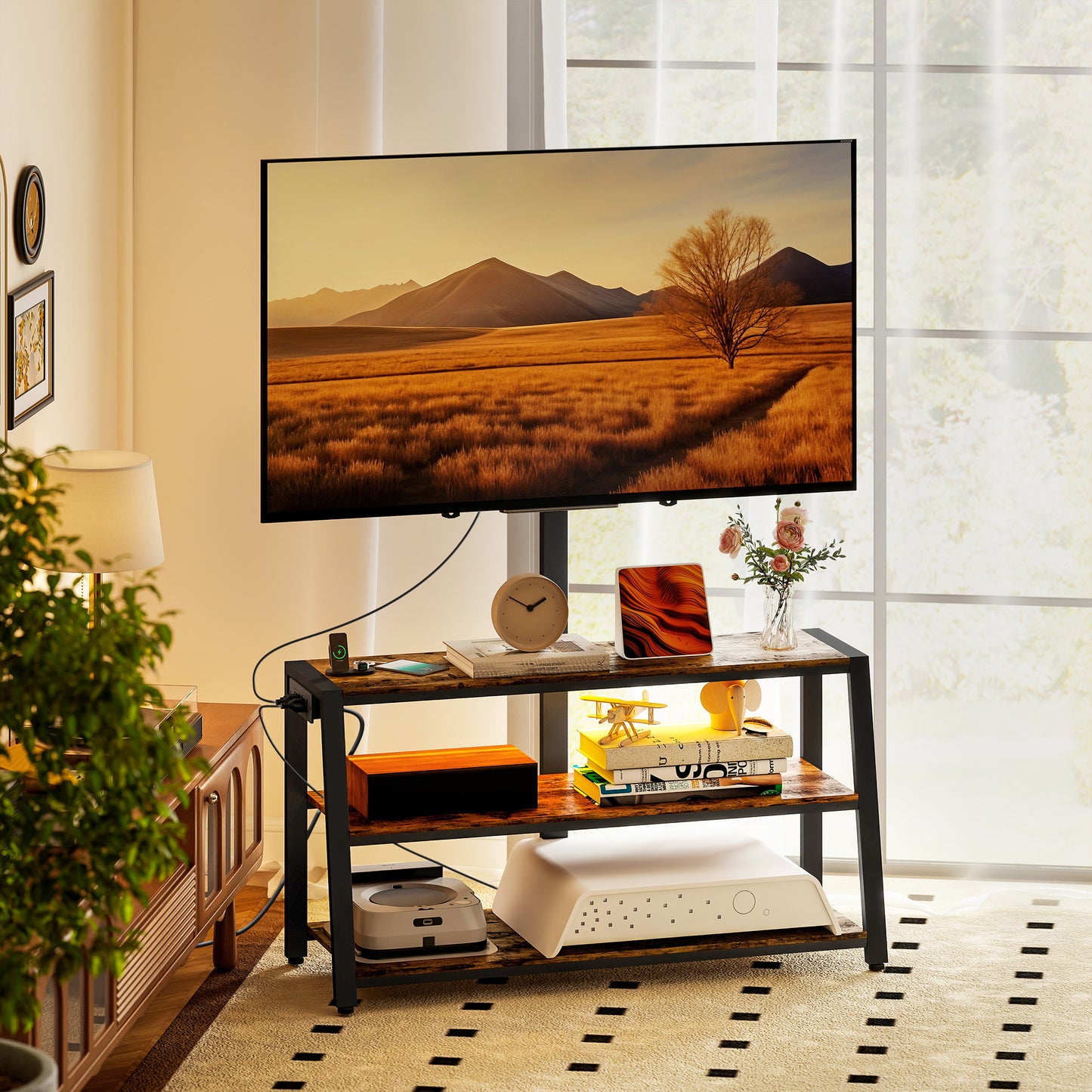 HOMCOM Swivel TV Stand with Mount, Power Outlet, LED Lights for 32-70 Inch TVs