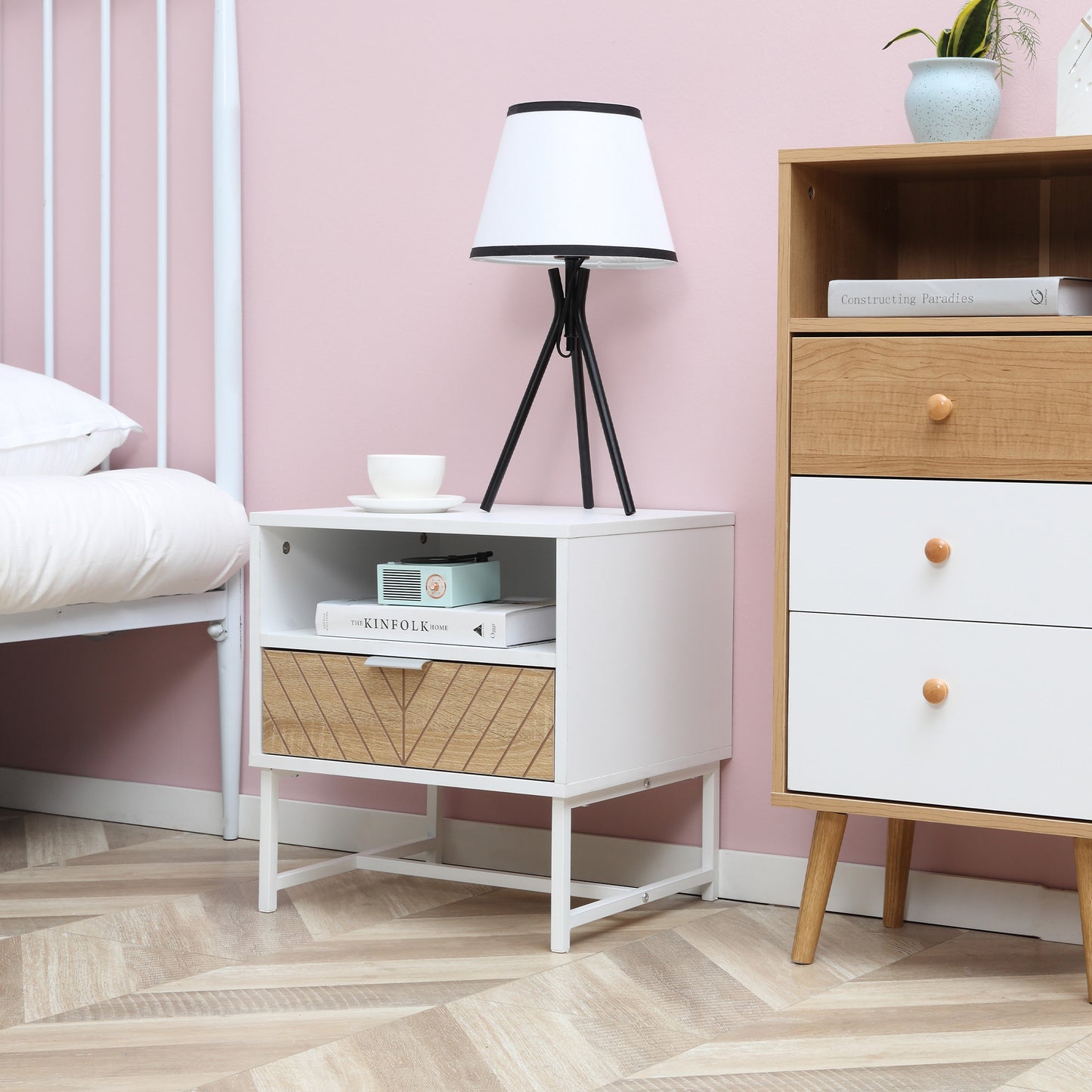Modern Bedside Table with Drawer and Shelf, White Oak Nightstand