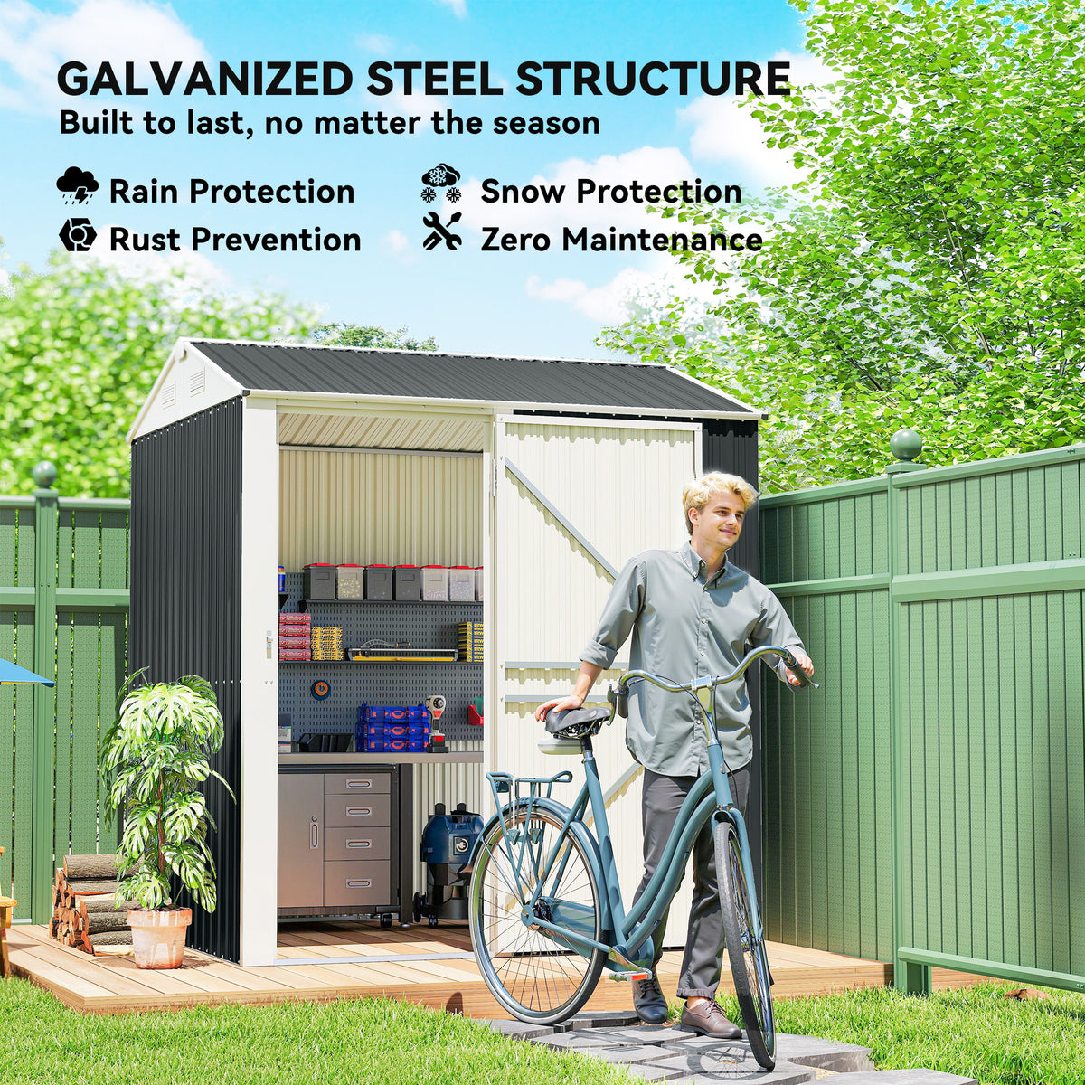 7' x 6' Tall Outdoor Storage Shed, Waterproof Metal Garden Shed with Gloves, Lockable Door – Dark Grey