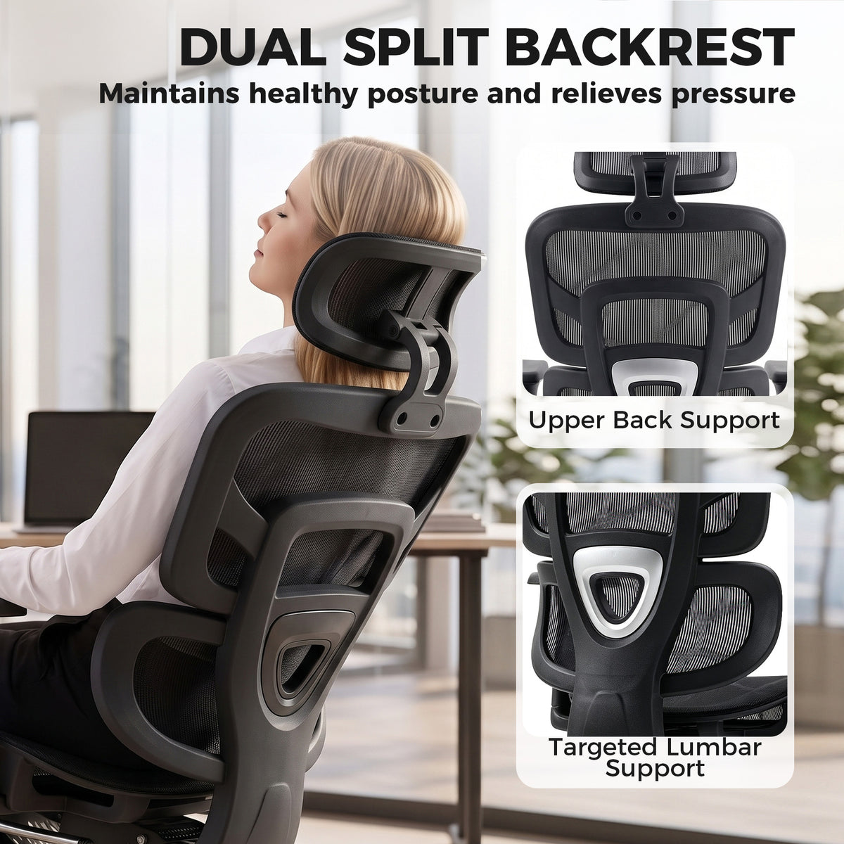 Ergonomic Office Chair with Lumbar Support, 2D Headrest, Mesh Reclining Desk Chair with Footrest, Black