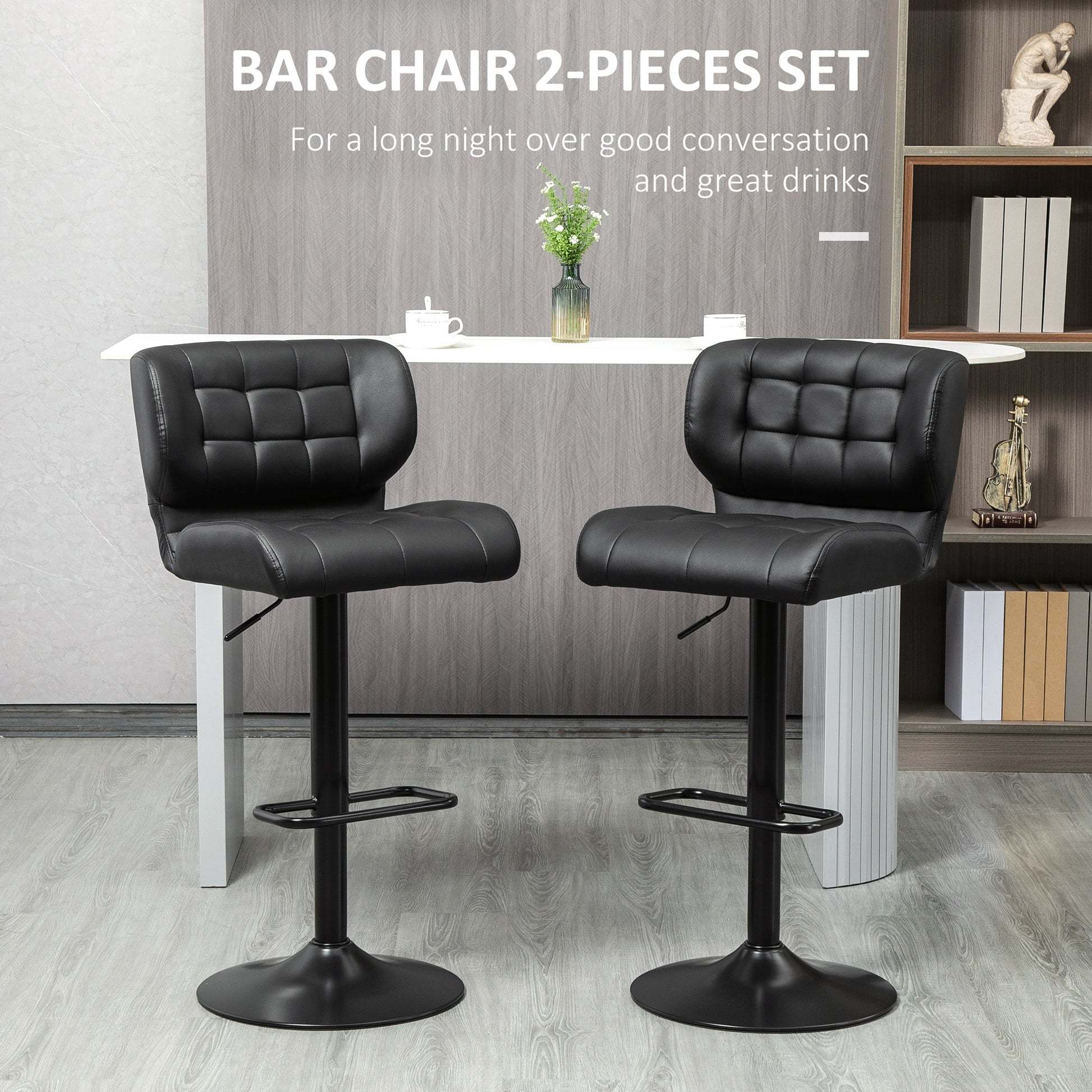 Set of 2 HOMCOM Adjustable Swivel Tufted Black PU Leather Bar Stools