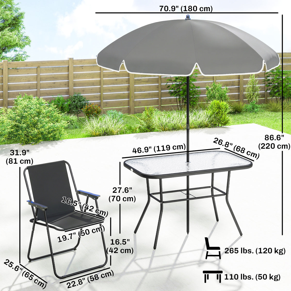 8 Piece Patio Table and Chairs Set with Folding Chairs, Tempered Glass Tabletop and Umbrella for Garden – Black