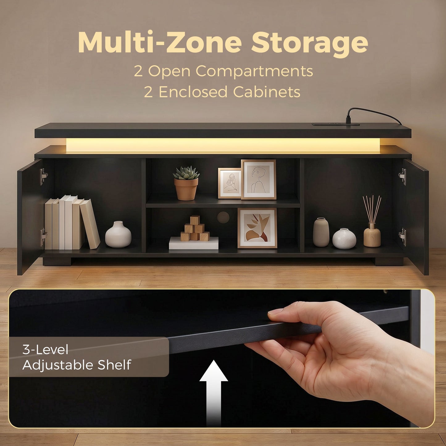 HOMCOM TV Stand LED Lights, Power Outlets, High Gloss Black