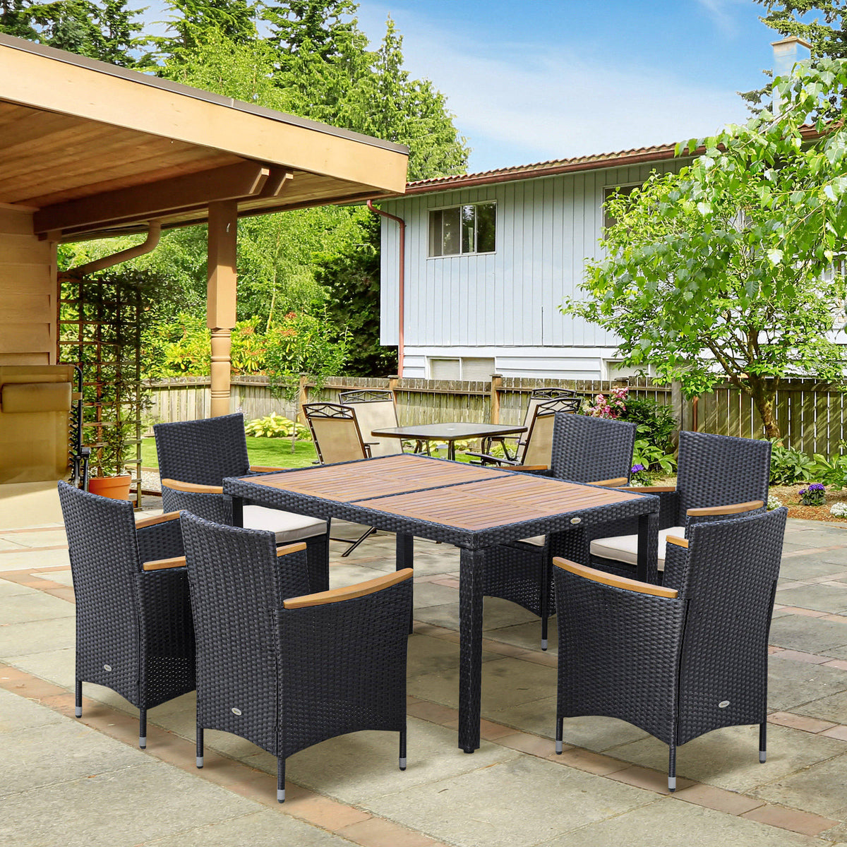 7 Pieces Outdoor Dining Set for 6, PE Wicker Rattan Patio Furniture Set with High-Back Armchairs, Glass Table Top