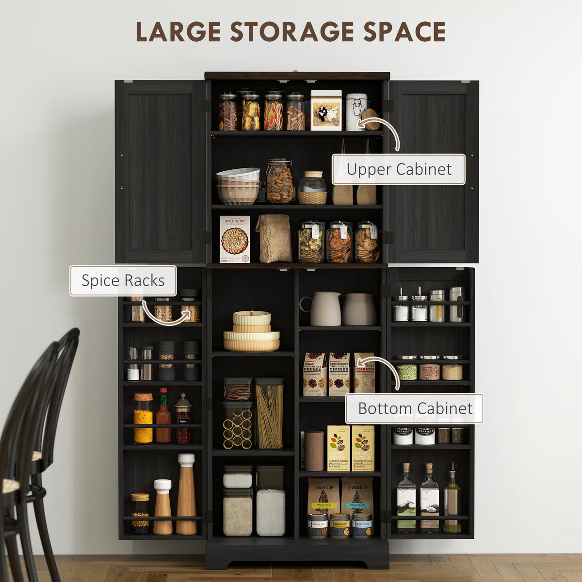 Tall Kitchen Pantry Cabinet with Spice Racks and Adjustable Shelves – 24"W x 64"H