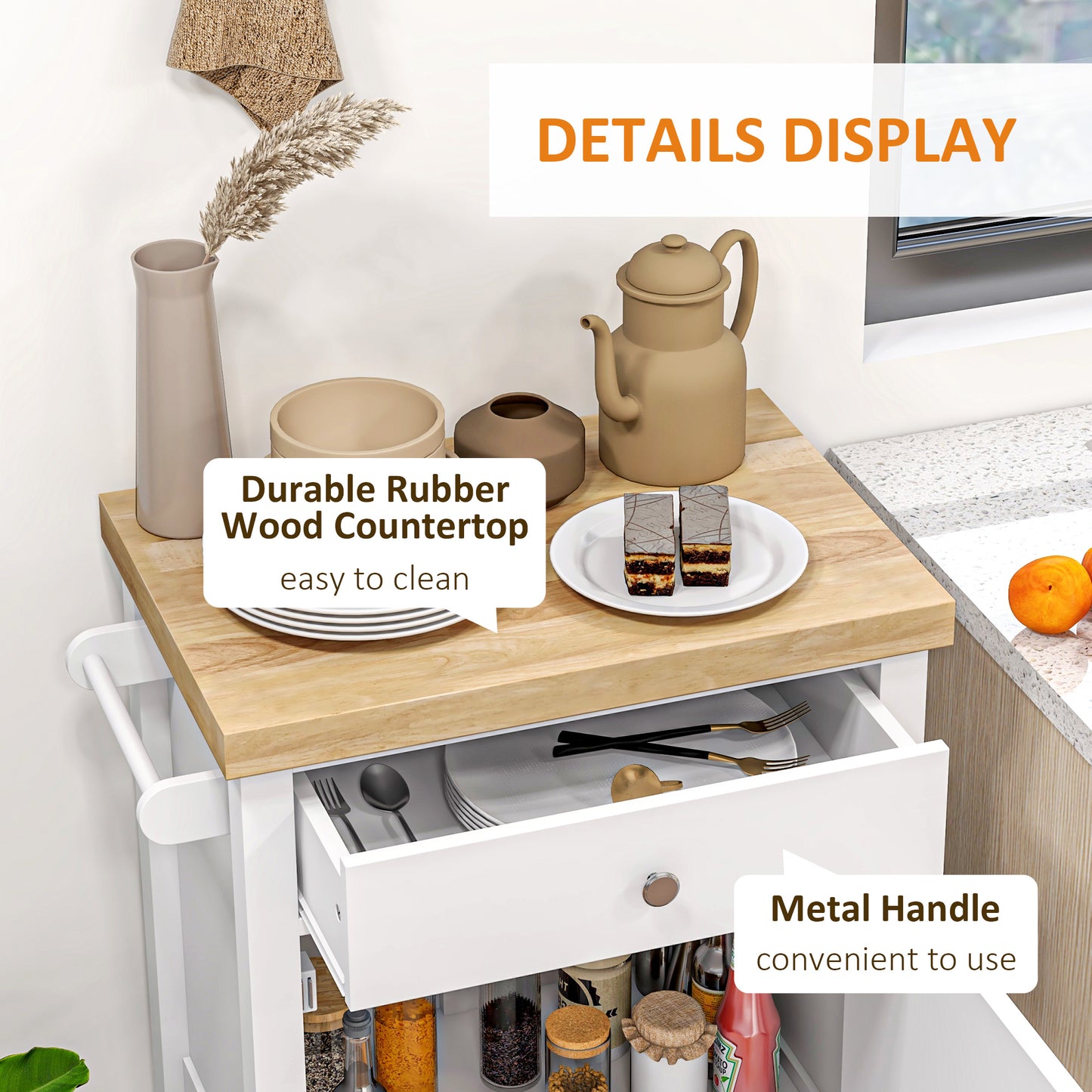 HOMCOM Rolling Kitchen Island Cart With Wood Top, White