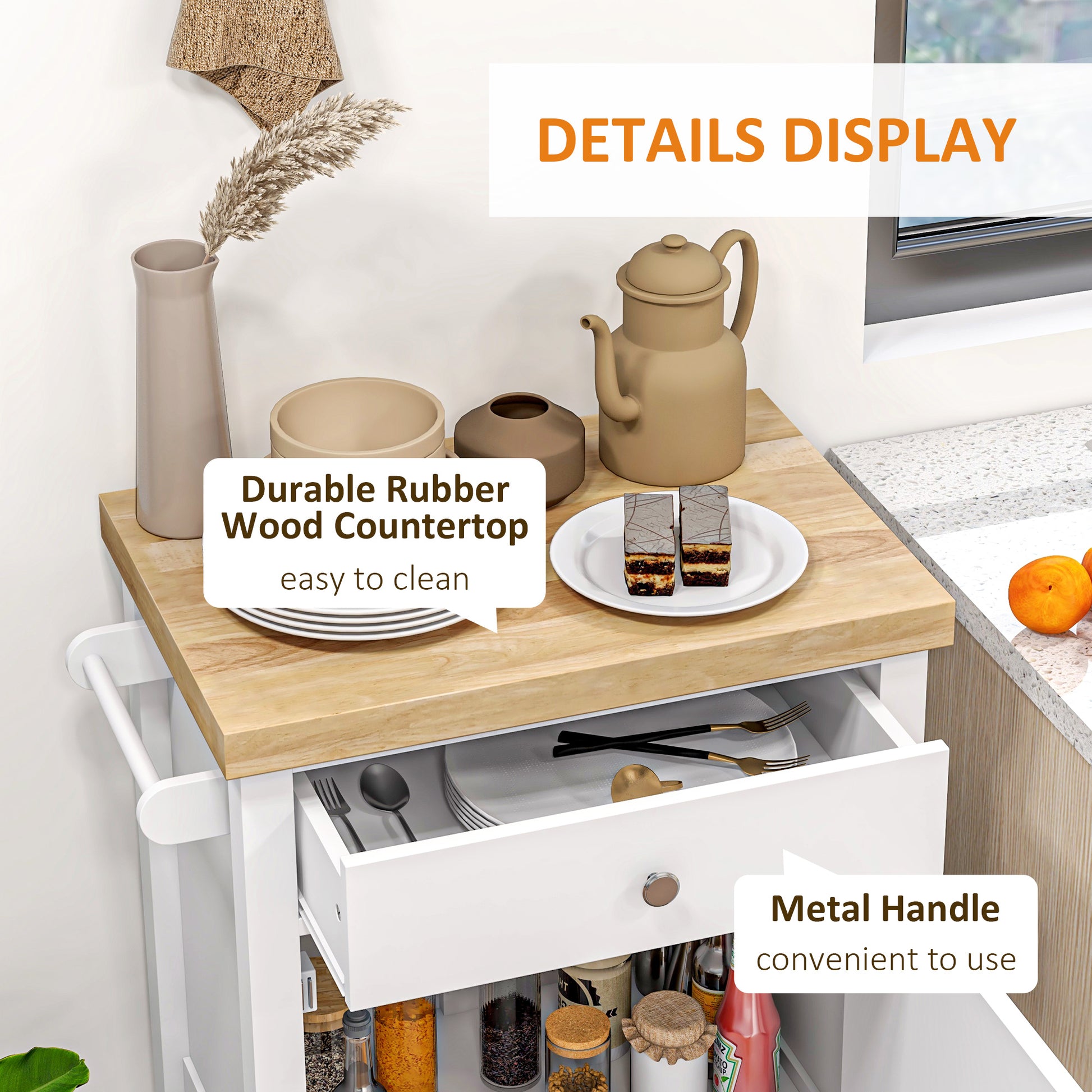 HOMCOM Rolling Kitchen Island Cart With Wood Top, White