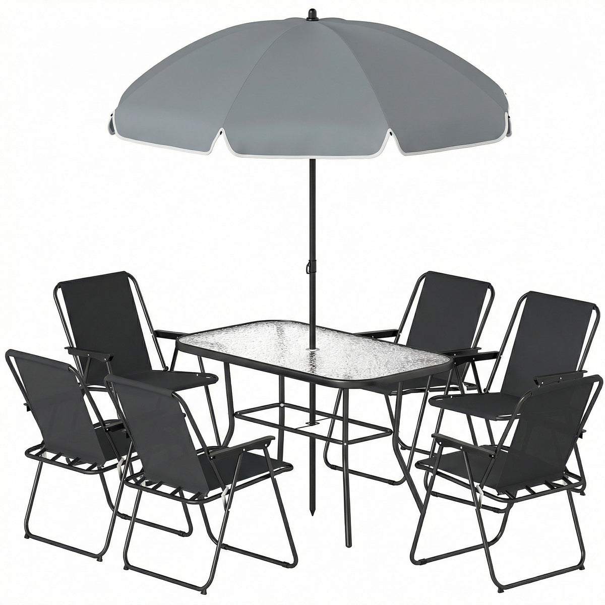 8 Piece Patio Table and Chairs Set with Folding Chairs, Tempered Glass Tabletop and Umbrella for Garden – Black