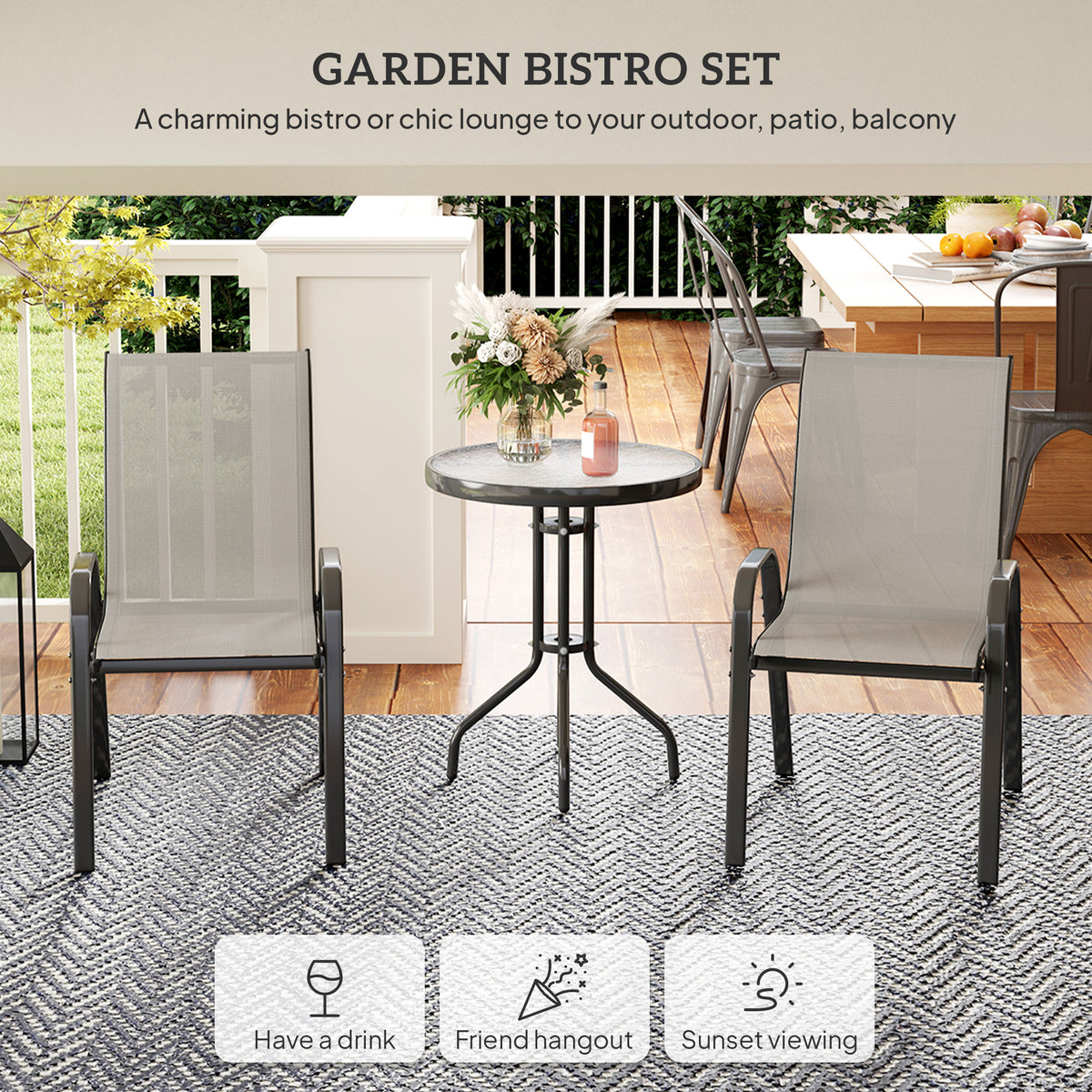 3 Pieces Bistro Set, Small Patio Furniture Set with Stackable Mesh Chairs, Glass Table for Garden, Balcony – Light Grey