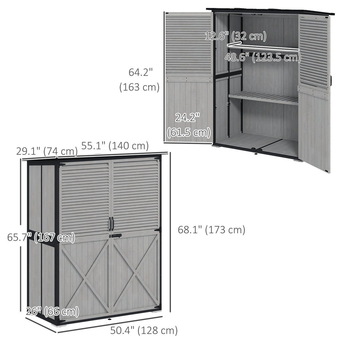 Outdoor Storage Cabinet, Wood Garden Shed with Steel Frame, Asphalt Roof, 2 Shelves and Lockable Doors