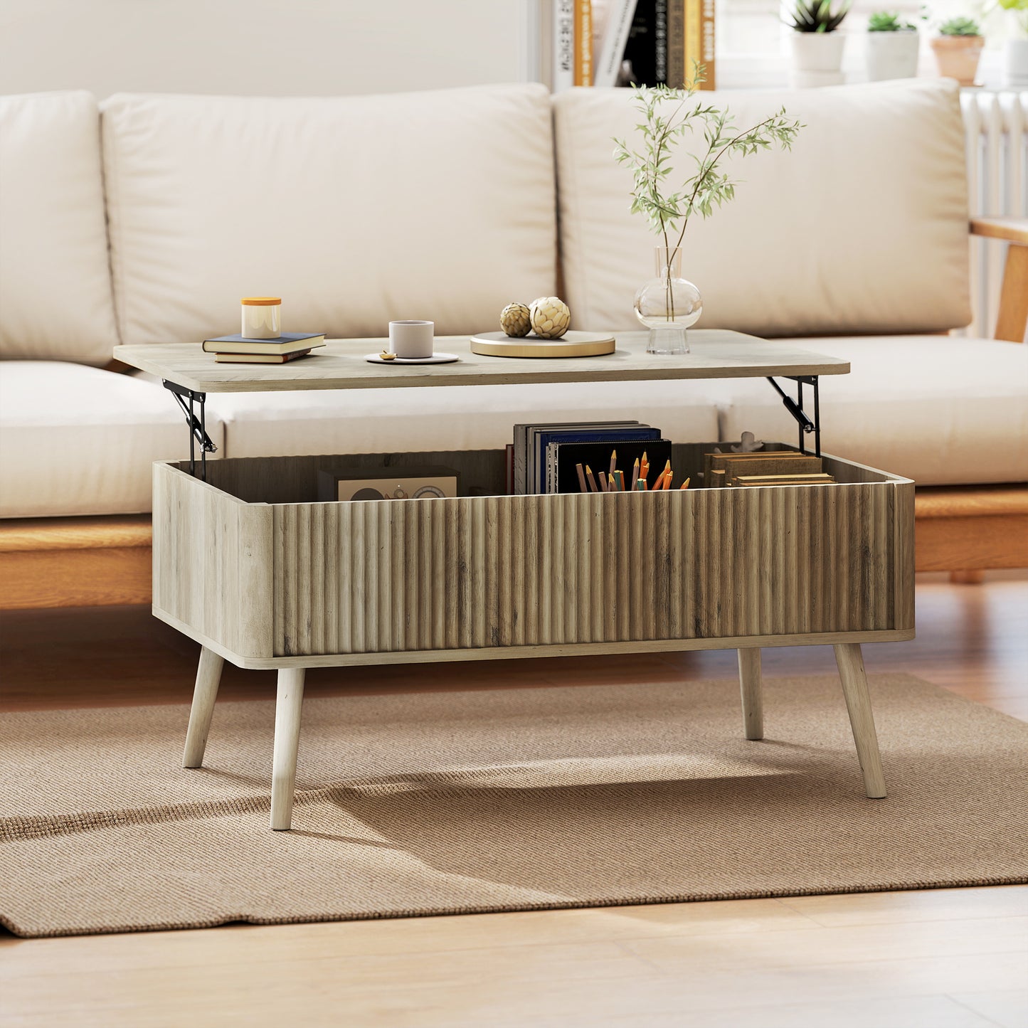 HOMCOM Modern Oak Lift Top Coffee Table with Hidden Storage, Pine Wood Legs