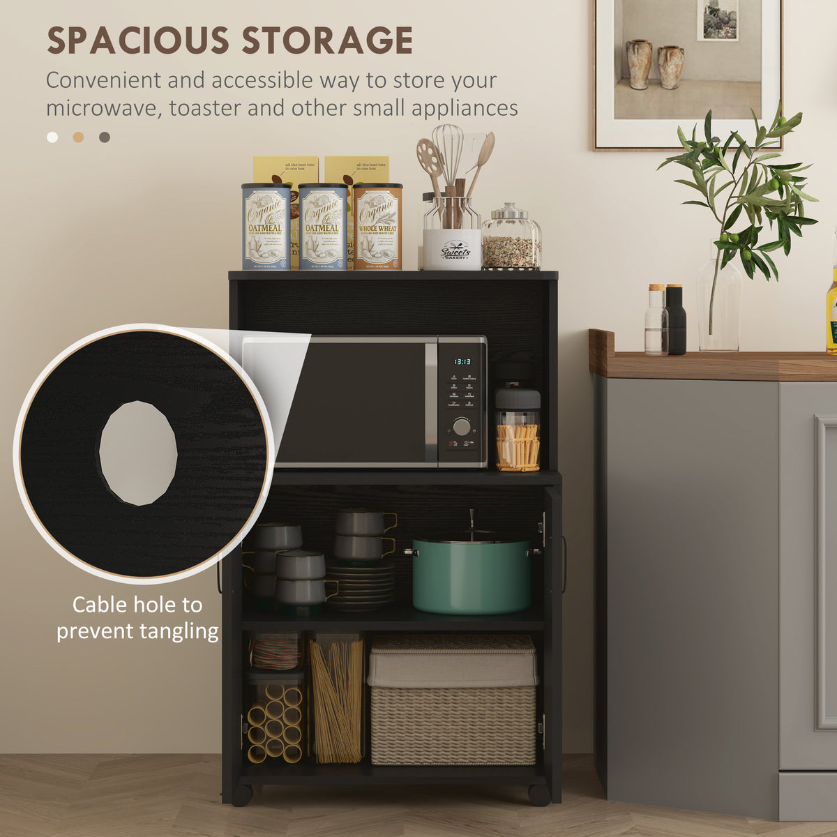Microwave Cart with 2-Door Cabinet, Black Wood Grain