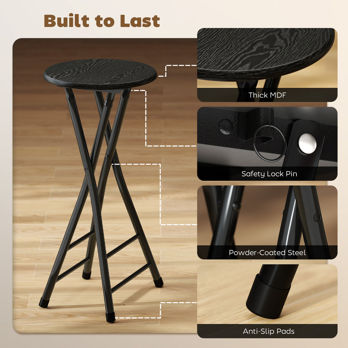 Foldable Counter Height Bar Stools with Double Footrest, Set of 4, Black