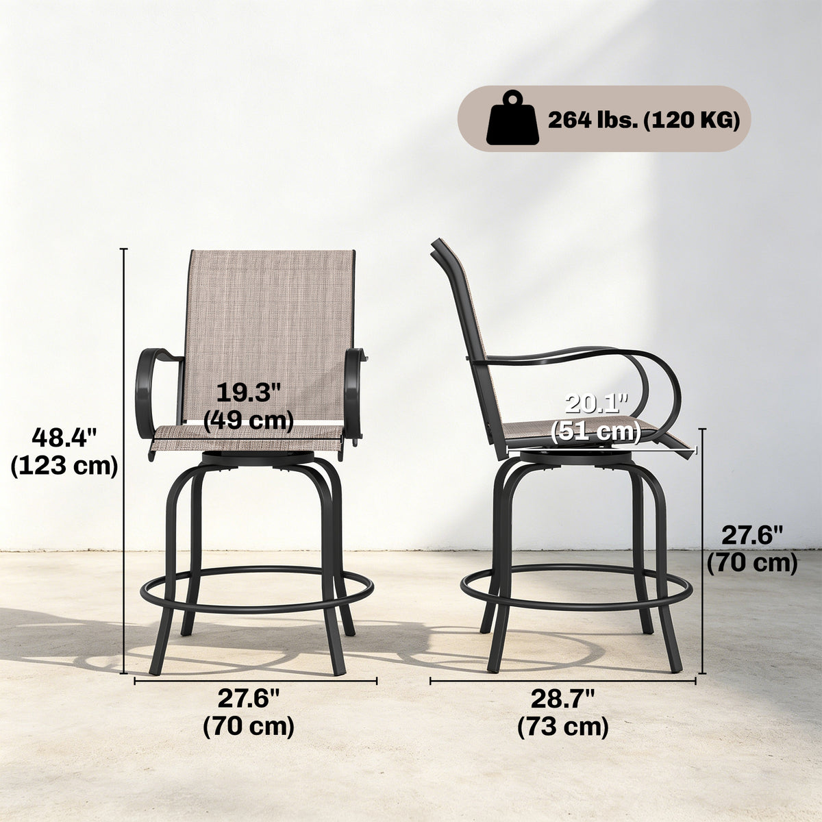 Outdoor Bar Stools Set of 2, 360° Swivel Bar Height Chairs, 26.8" x 29.5" x 48.4", Tan – Tan