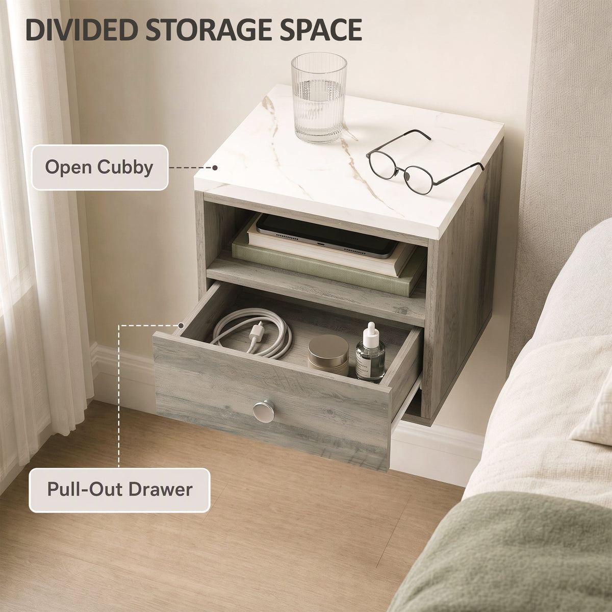 Floating Nightstands with Marble-Effect Top, Set of 2 – 11"W x 10"H