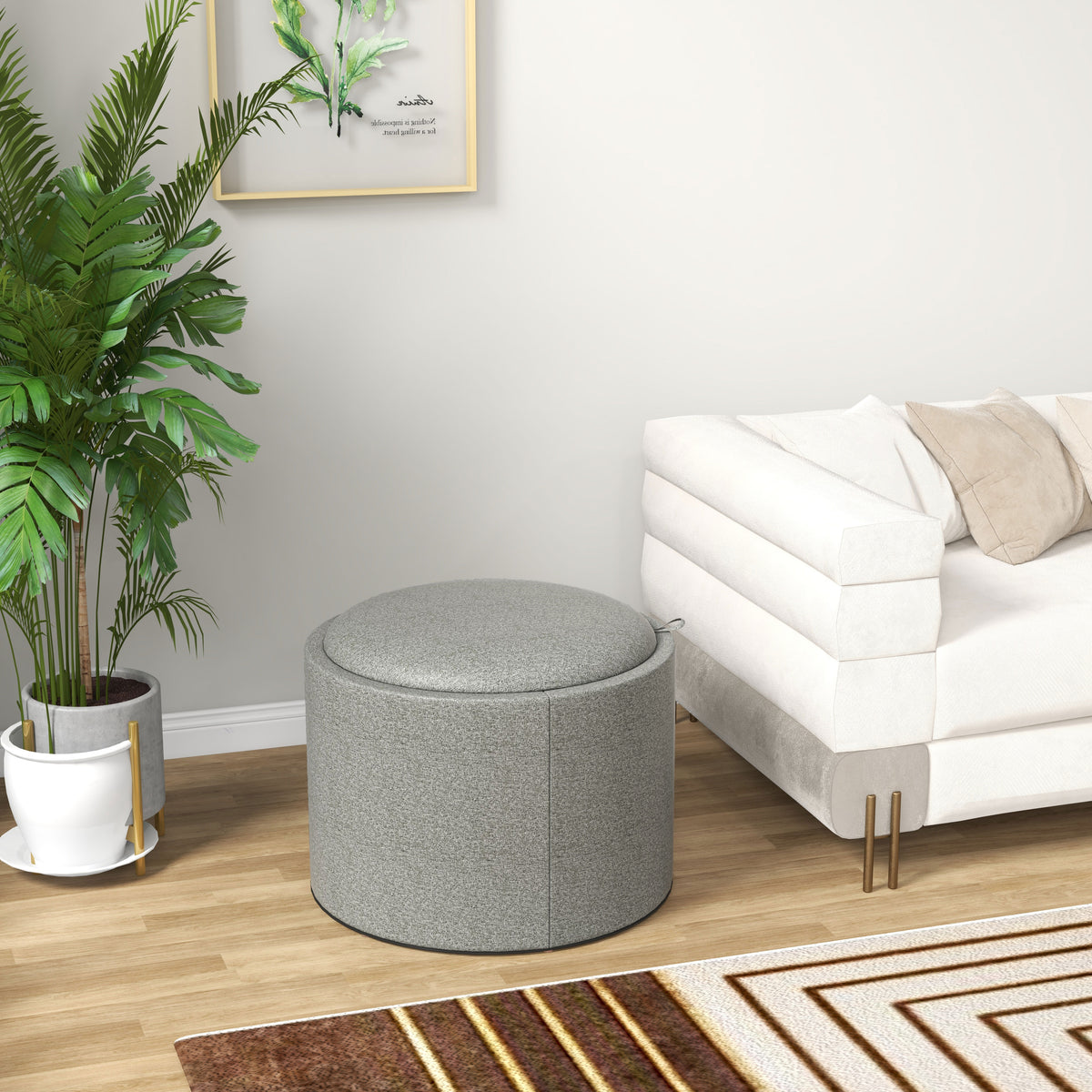 Round Storage Ottoman Coffee Table with Tray Top, Linen Upholstered