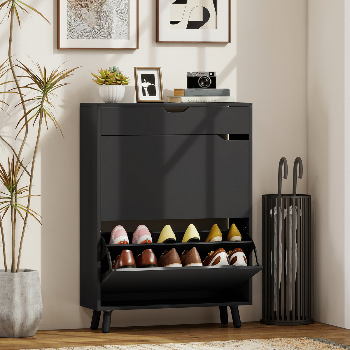 Narrow Shoe Cabinet for Entryway with 2 Flip Drawers – 28"W x 39"H